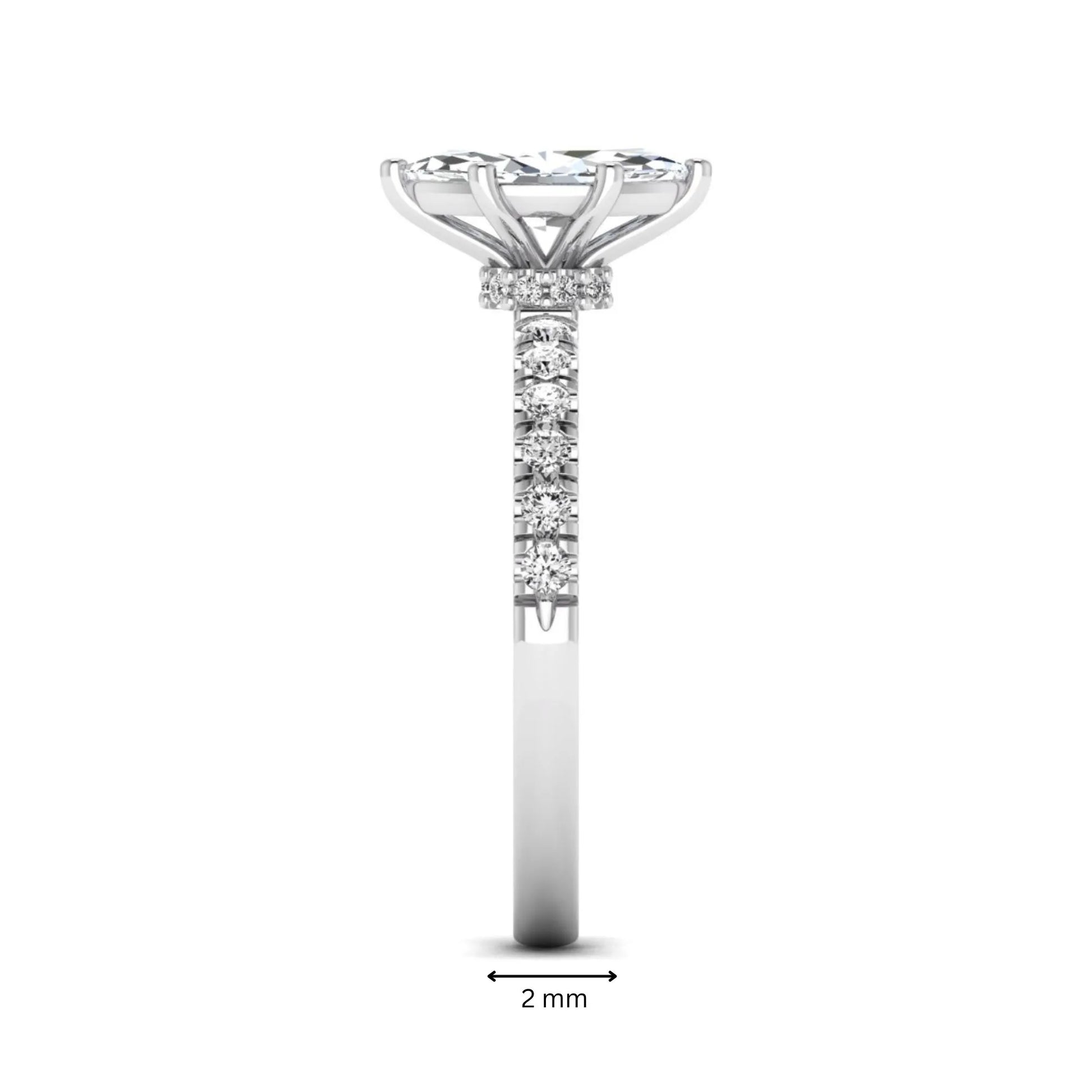 Marquise cut lab grown diamond pavé engagement ring featuring a 0.95 carat center diamond in white gold.