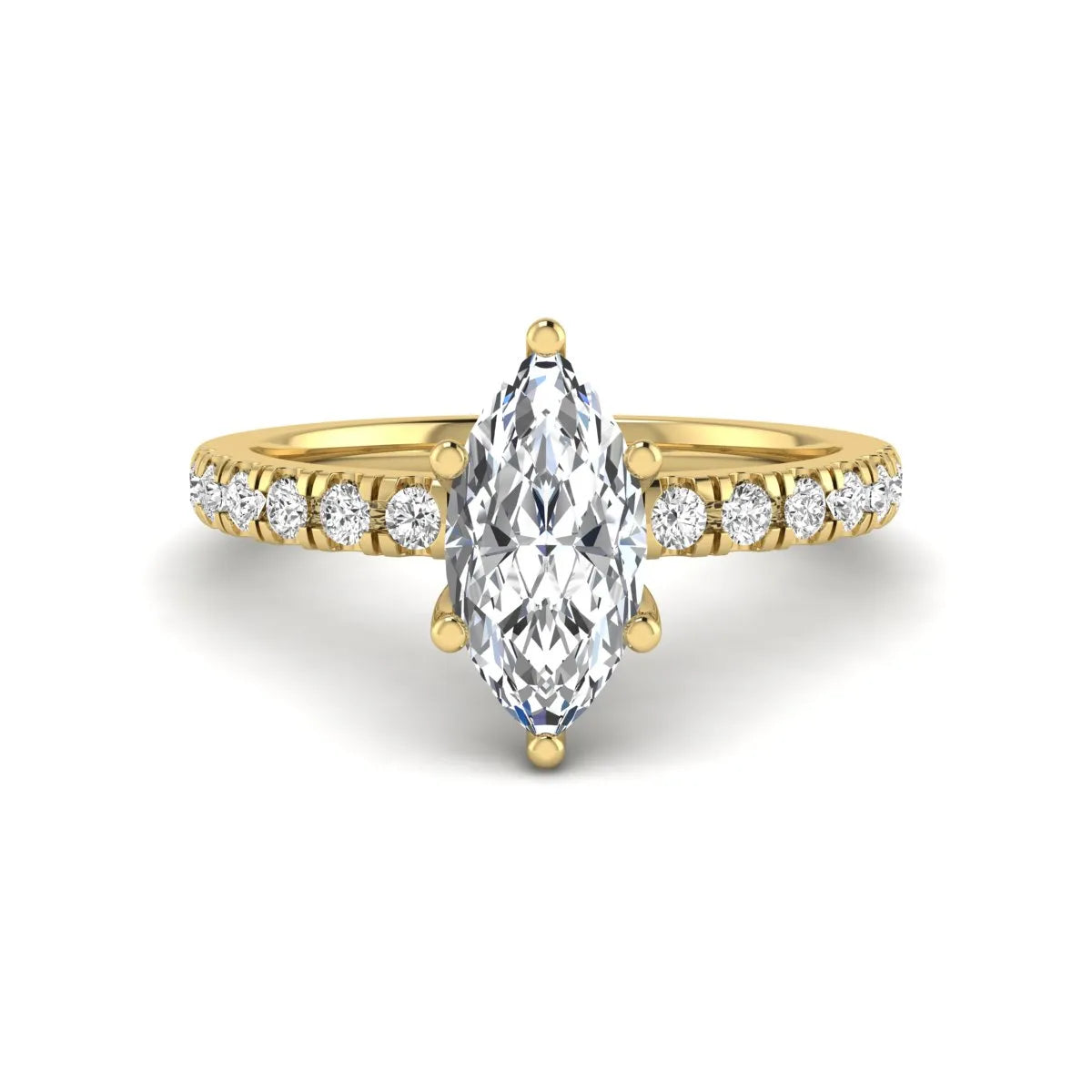 Marquise cut lab grown diamond pavé engagement ring featuring a 0.95 carat center diamond in yellow gold.