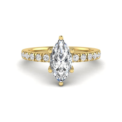 Marquise cut lab grown diamond pavé engagement ring featuring a 0.95 carat center diamond in yellow gold.