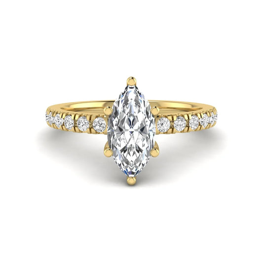 Marquise cut lab grown diamond pavé engagement ring featuring a 0.95 carat center diamond in yellow gold.