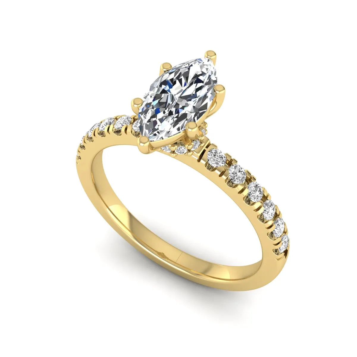 Marquise cut lab grown diamond pavé engagement ring featuring a 0.95 carat center diamond in yellow gold.