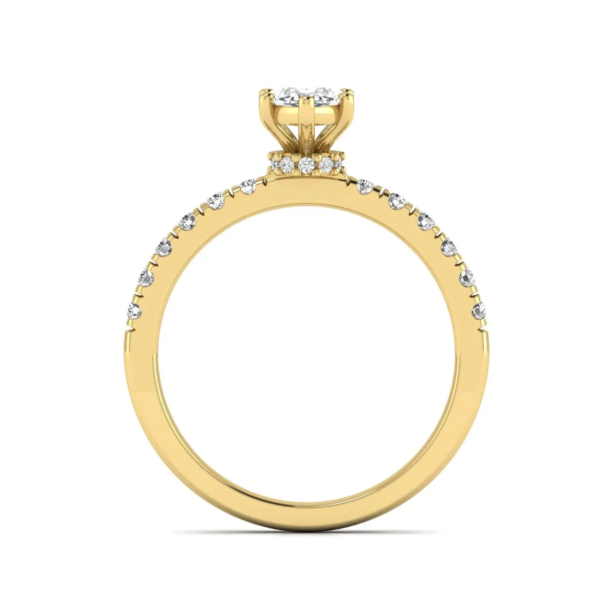Marquise cut lab grown diamond pavé engagement ring featuring a 0.95 carat center diamond in yellow gold.