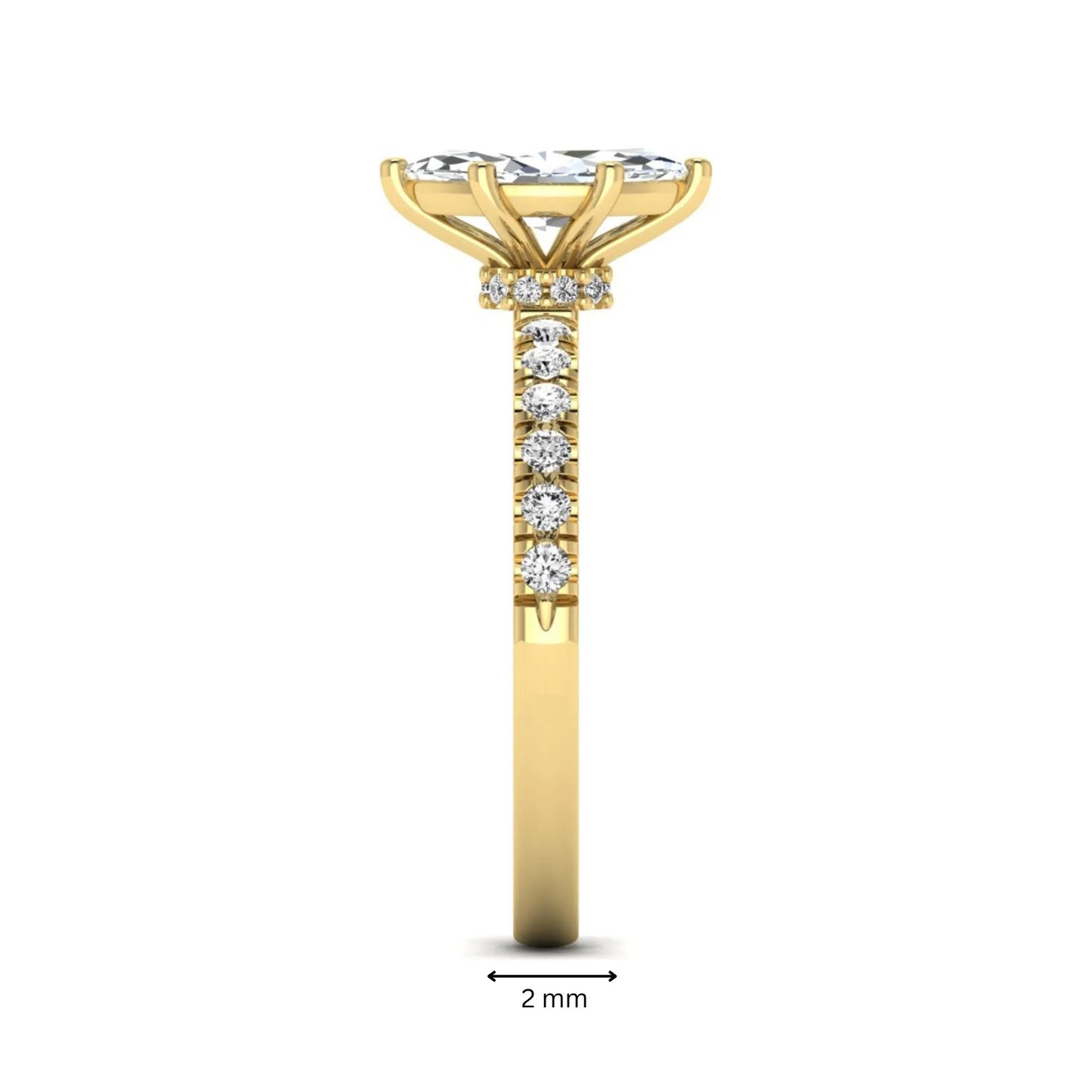 Marquise cut lab grown diamond pavé engagement ring featuring a 0.95 carat center diamond in yellow gold.