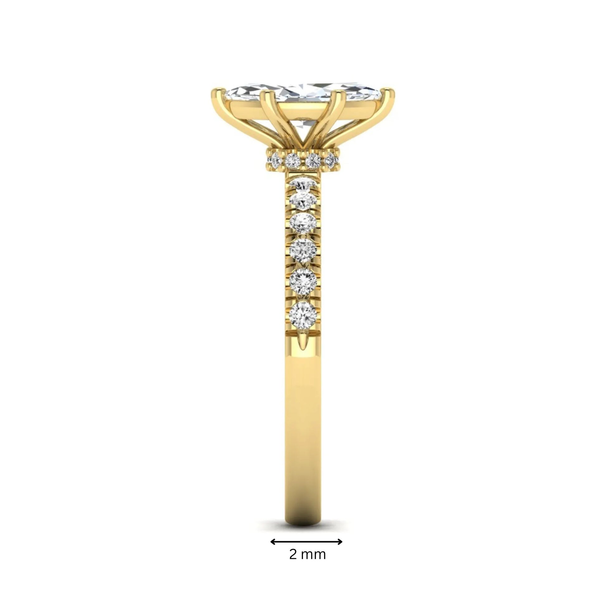 Marquise cut lab grown diamond pavé engagement ring featuring a 0.95 carat center diamond in yellow gold.