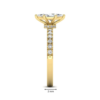 Marquise cut lab grown diamond pavé engagement ring featuring a 0.95 carat center diamond in yellow gold.