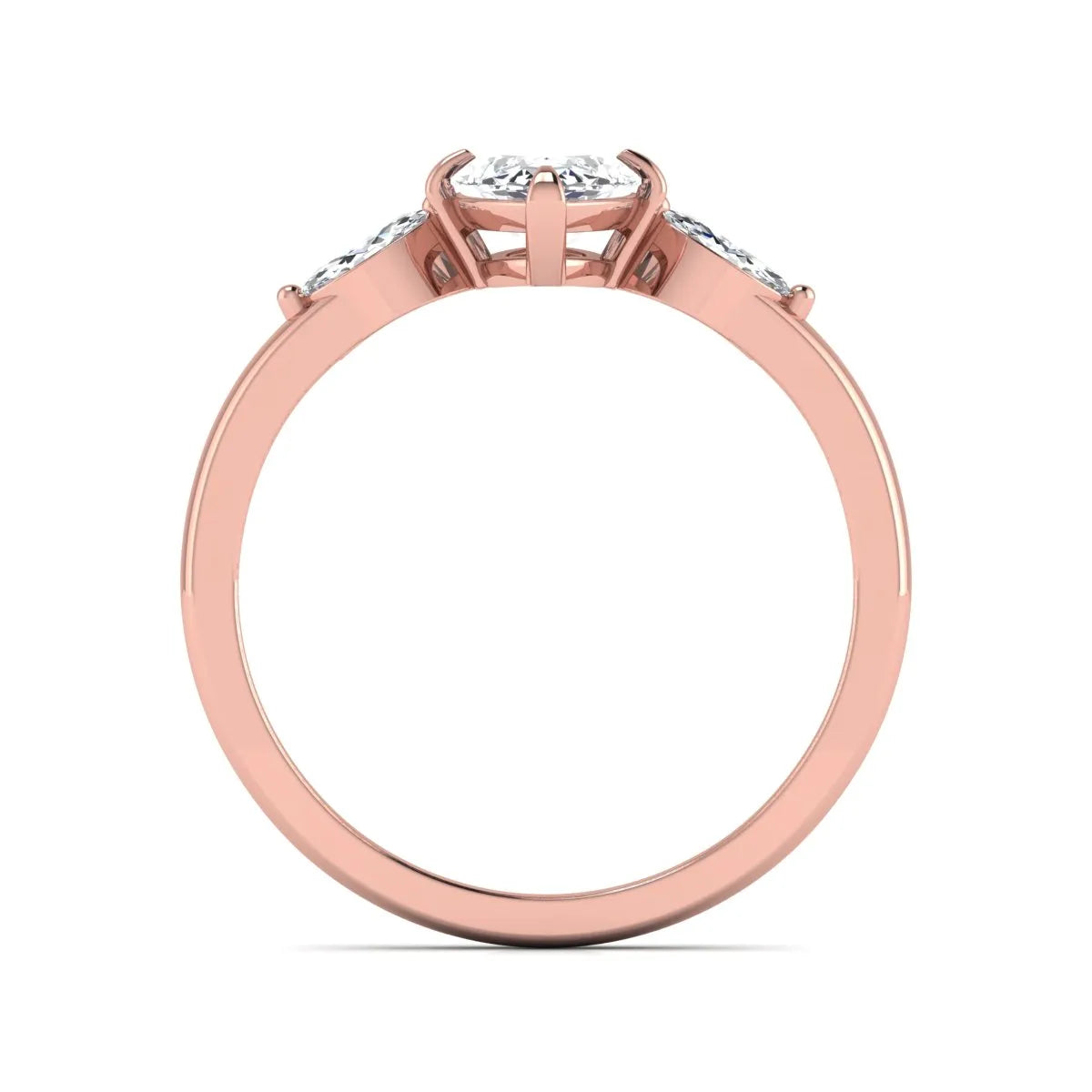 Marquise cut lab grown diamond three stone engagement ring featuring a 1.62 carat IGI certified center diamond with marquise side diamonds in rose gold.
