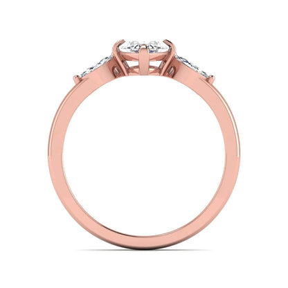 Marquise cut lab grown diamond three stone engagement ring featuring a 1.62 carat IGI certified center diamond with marquise side diamonds in rose gold.