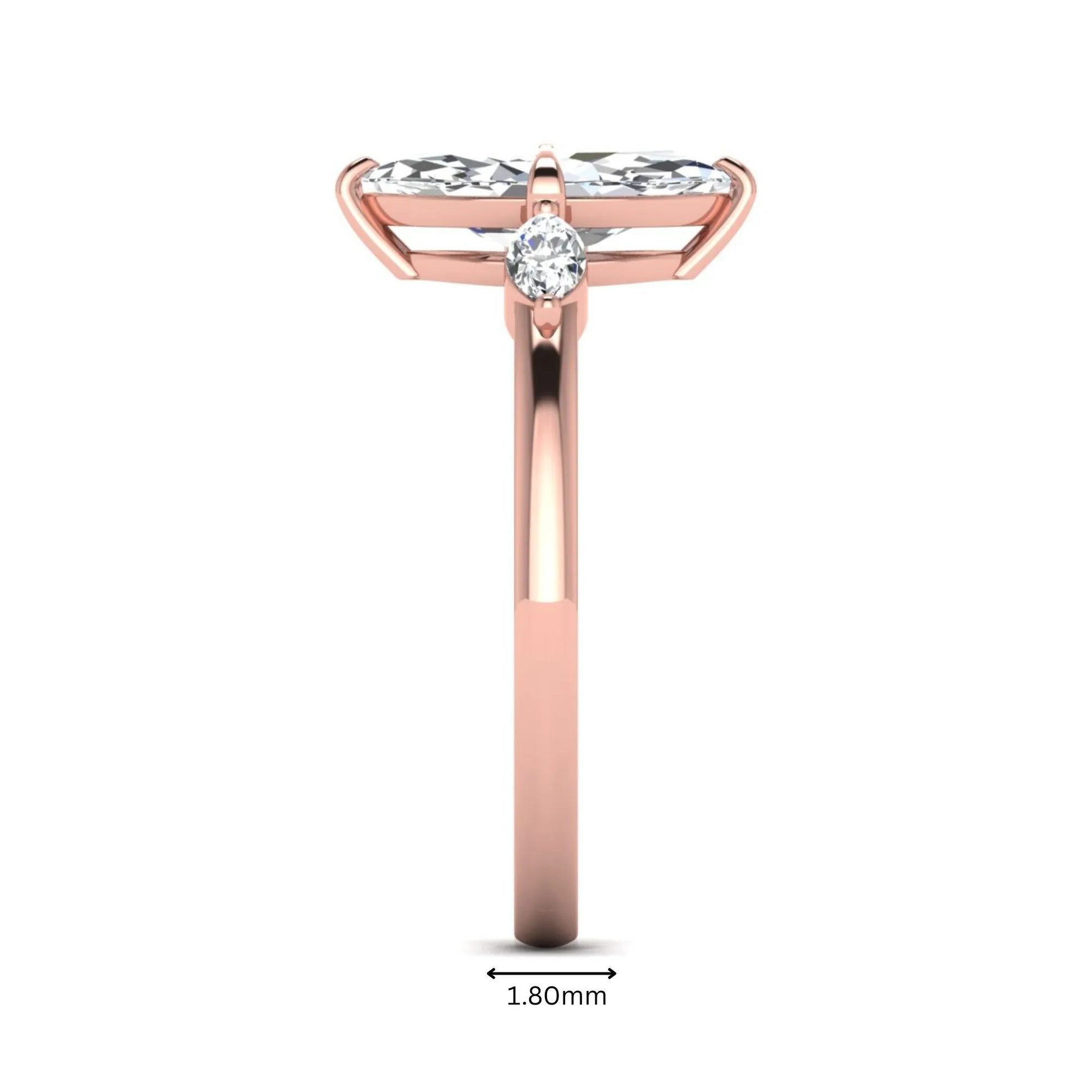Marquise cut lab grown diamond three stone engagement ring featuring a 1.62 carat IGI certified center diamond with marquise side diamonds in rose gold.
