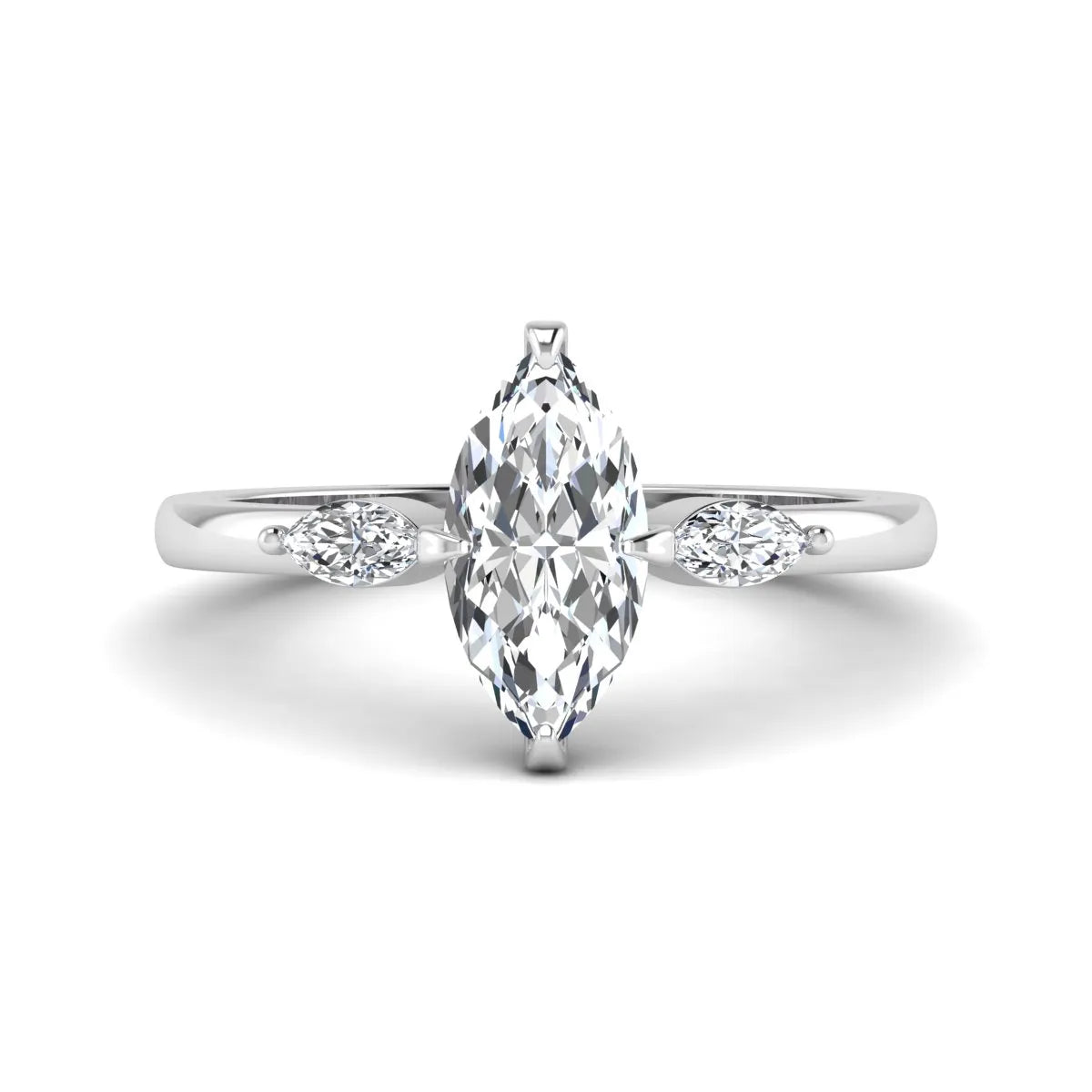 Marquise cut lab grown diamond three stone engagement ring featuring a 1.62 carat IGI certified center diamond with marquise side diamonds in white gold.
