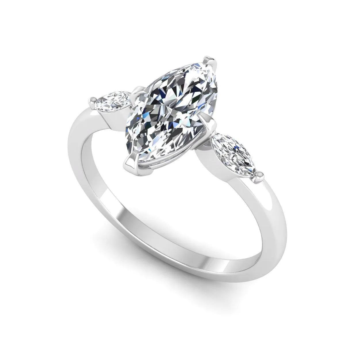 Marquise cut lab grown diamond three stone engagement ring featuring a 1.62 carat IGI certified center diamond with marquise side diamonds in white gold.