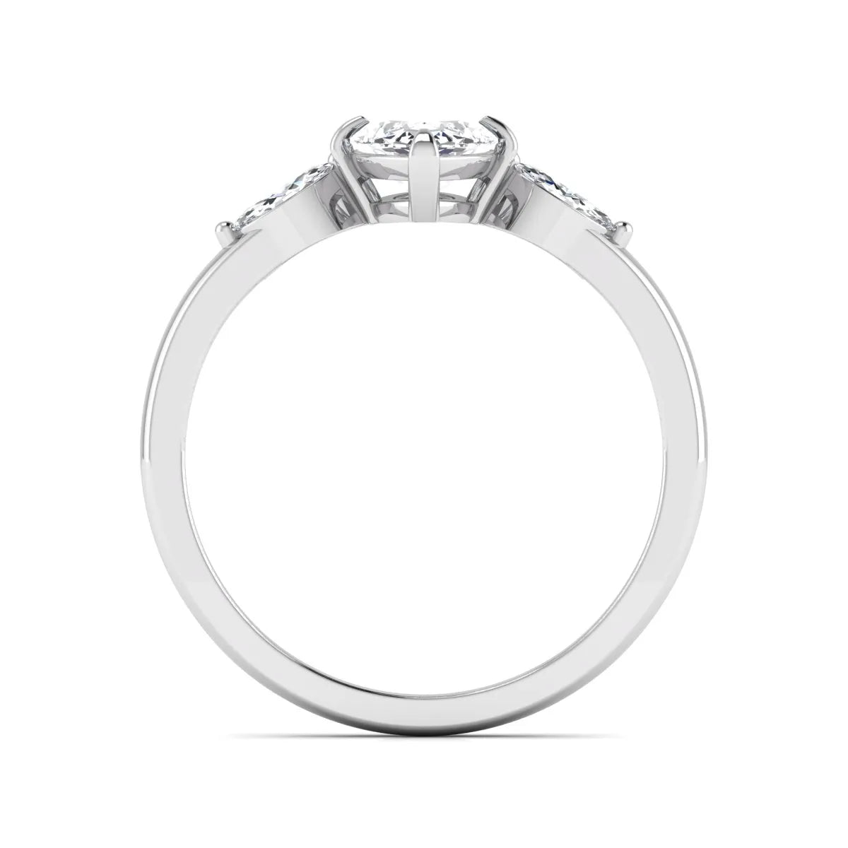 Marquise cut lab grown diamond three stone engagement ring featuring a 1.62 carat IGI certified center diamond with marquise side diamonds in white gold.