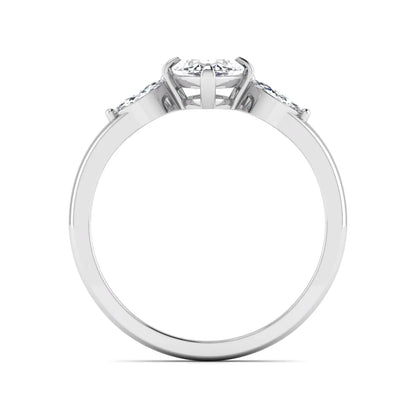 Marquise cut lab grown diamond three stone engagement ring featuring a 1.62 carat IGI certified center diamond with marquise side diamonds in white gold.
