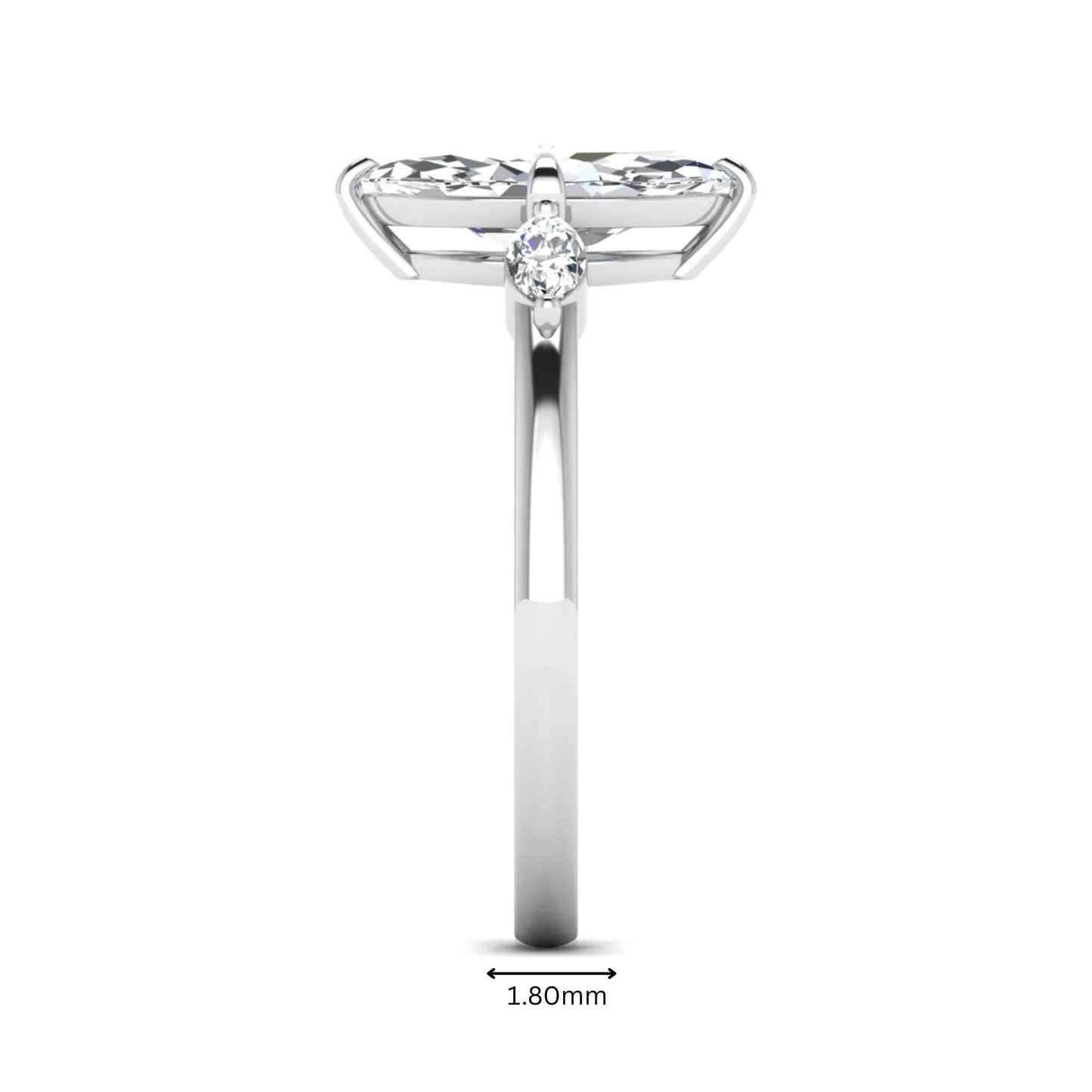 Marquise cut lab grown diamond three stone engagement ring featuring a 1.62 carat IGI certified center diamond with marquise side diamonds in white gold.
