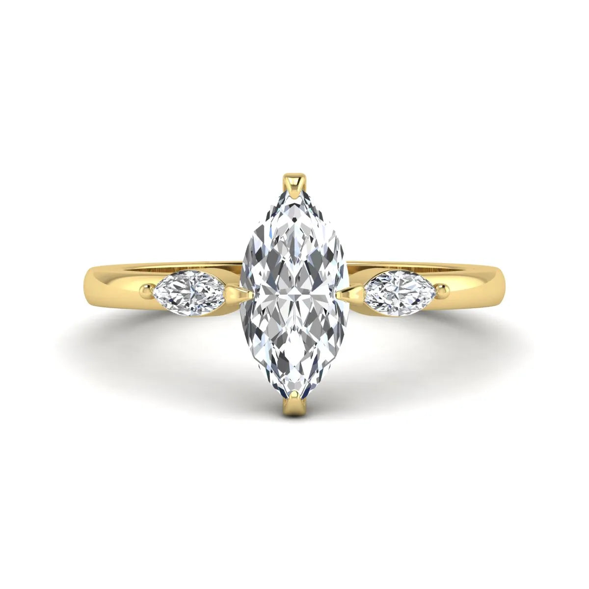 Marquise cut lab grown diamond three stone engagement ring featuring a 1.62 carat IGI certified center diamond with marquise side diamonds in yellow gold.