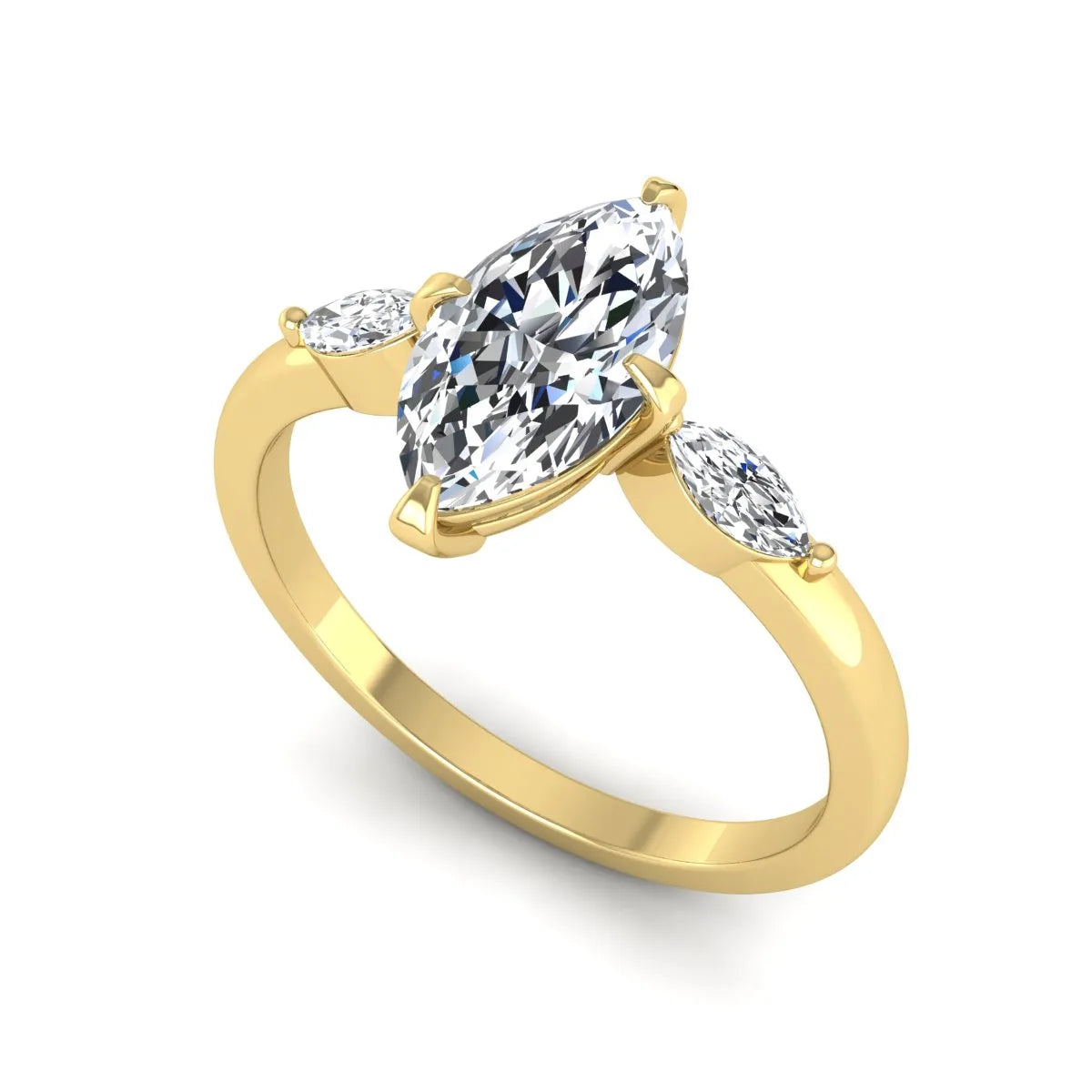 Marquise cut lab grown diamond three stone engagement ring featuring a 1.62 carat IGI certified center diamond with marquise side diamonds in yellow gold.