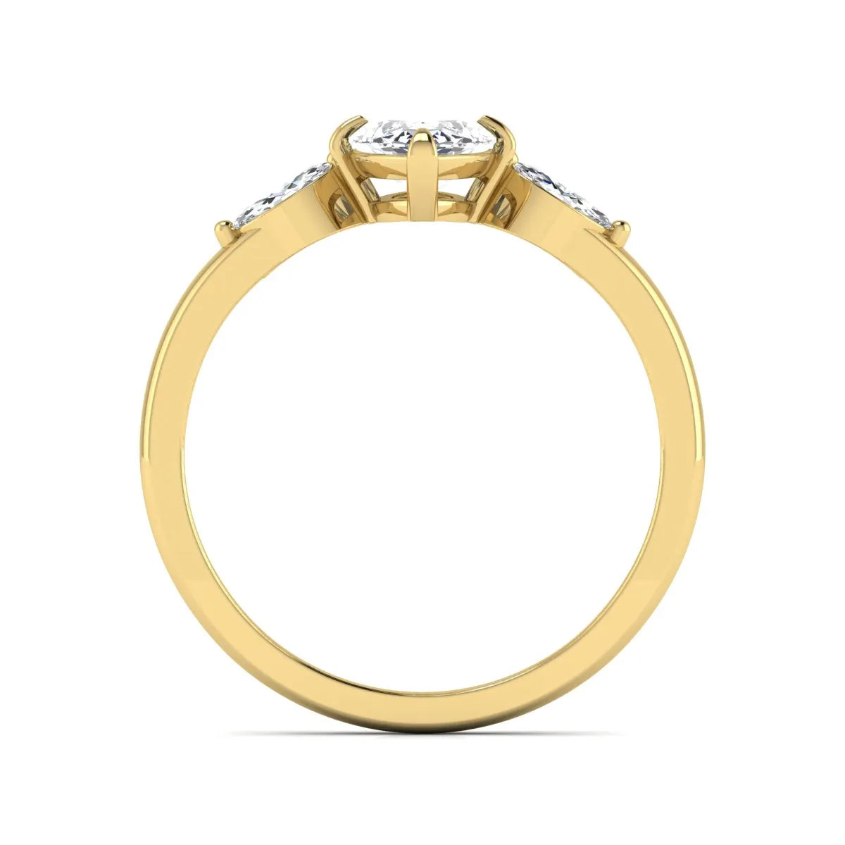 Marquise cut lab grown diamond three stone engagement ring featuring a 1.62 carat IGI certified center diamond with marquise side diamonds in yellow gold.