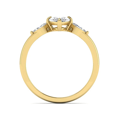 Marquise cut lab grown diamond three stone engagement ring featuring a 1.62 carat IGI certified center diamond with marquise side diamonds in yellow gold.