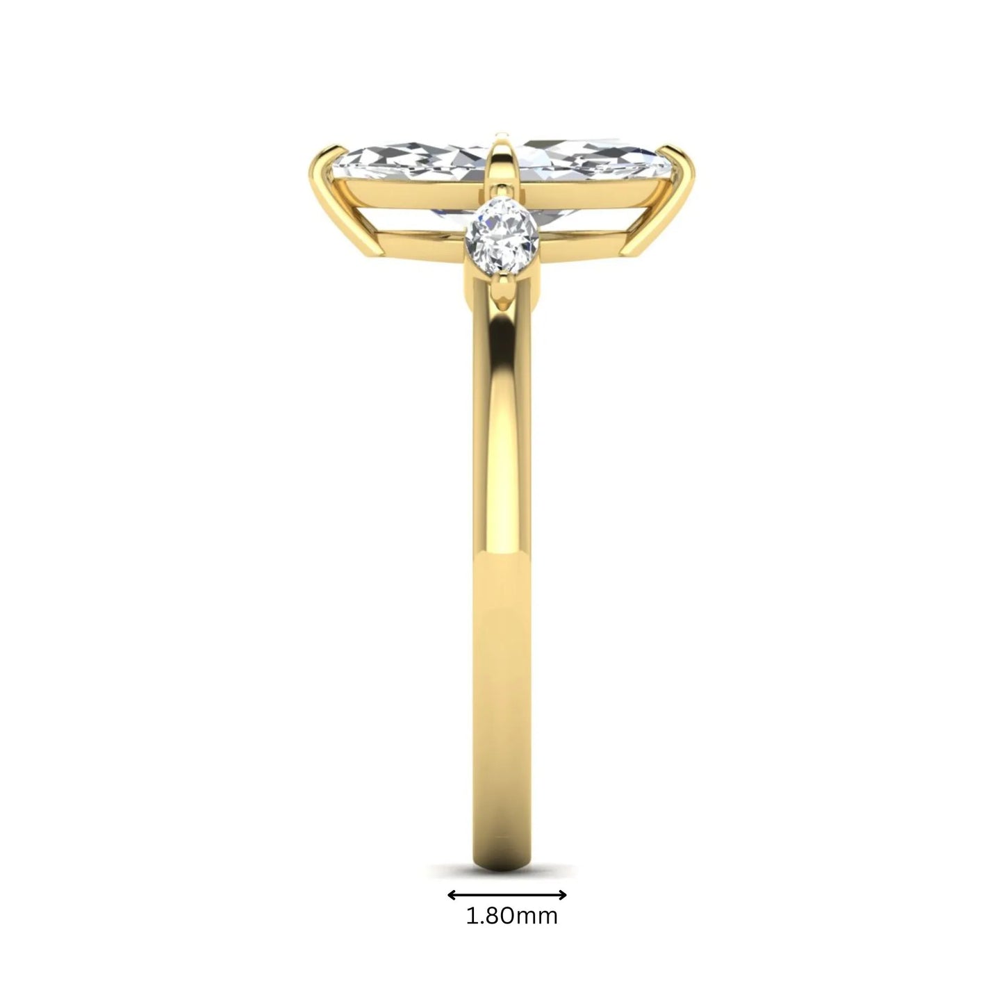 Marquise cut lab grown diamond three stone engagement ring featuring a 1.62 carat IGI certified center diamond with marquise side diamonds in yellow gold.