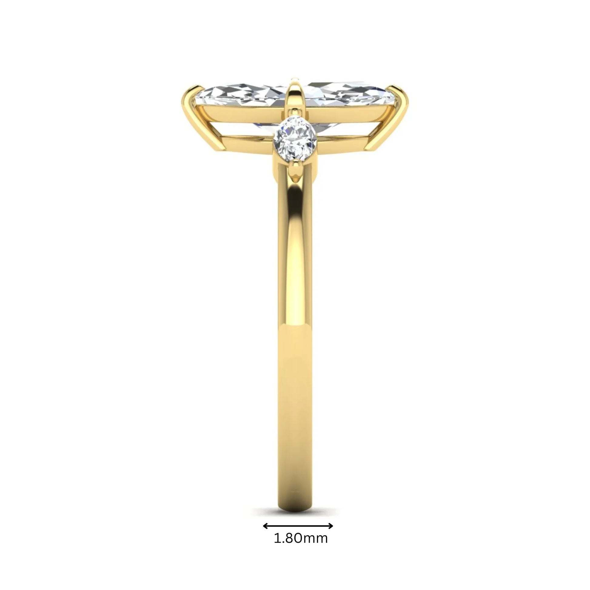 Marquise cut lab grown diamond three stone engagement ring featuring a 1.62 carat IGI certified center diamond with marquise side diamonds in yellow gold.