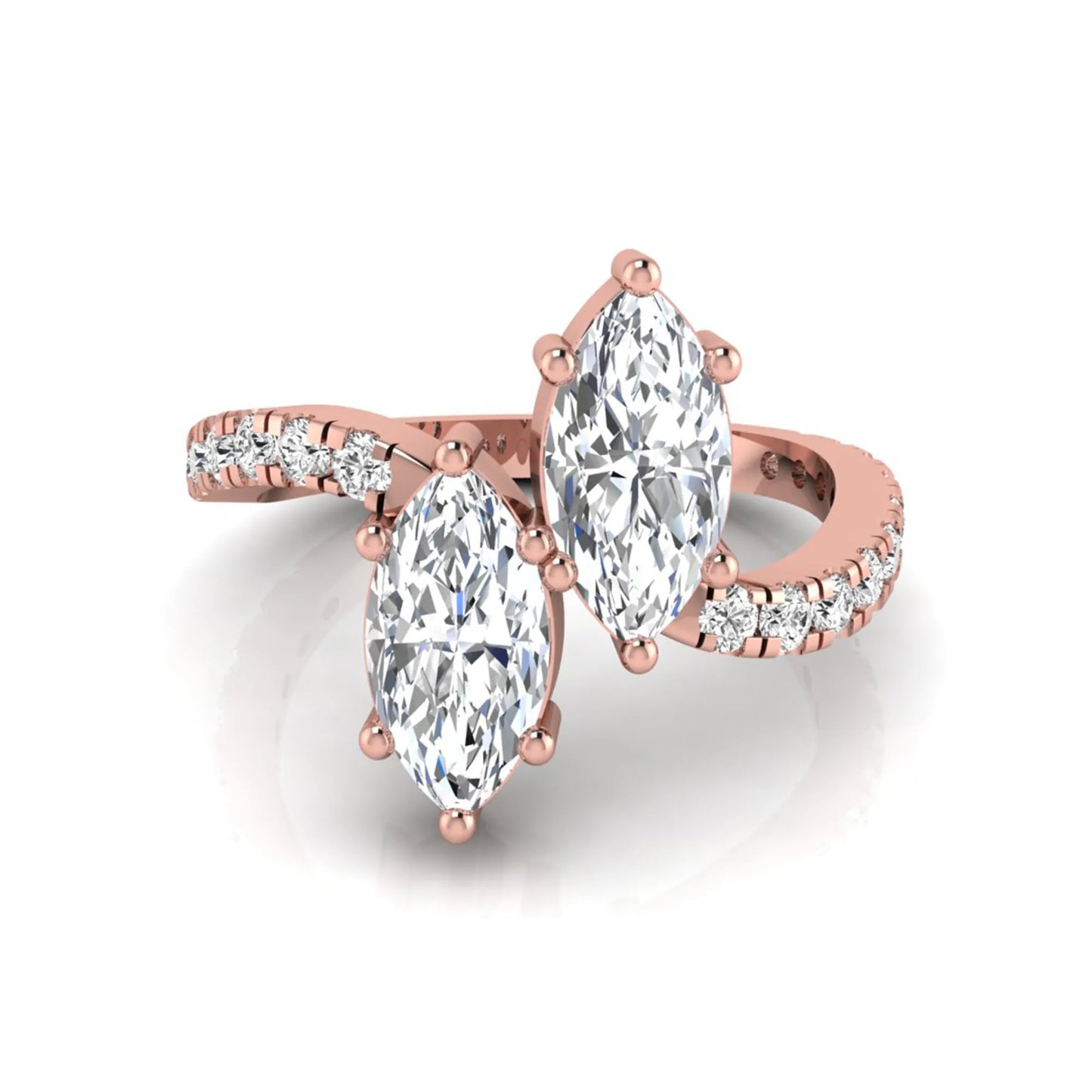 Marquise cut lab grown diamond Toi et Moi ring with pavé round diamond accents in a rose gold design