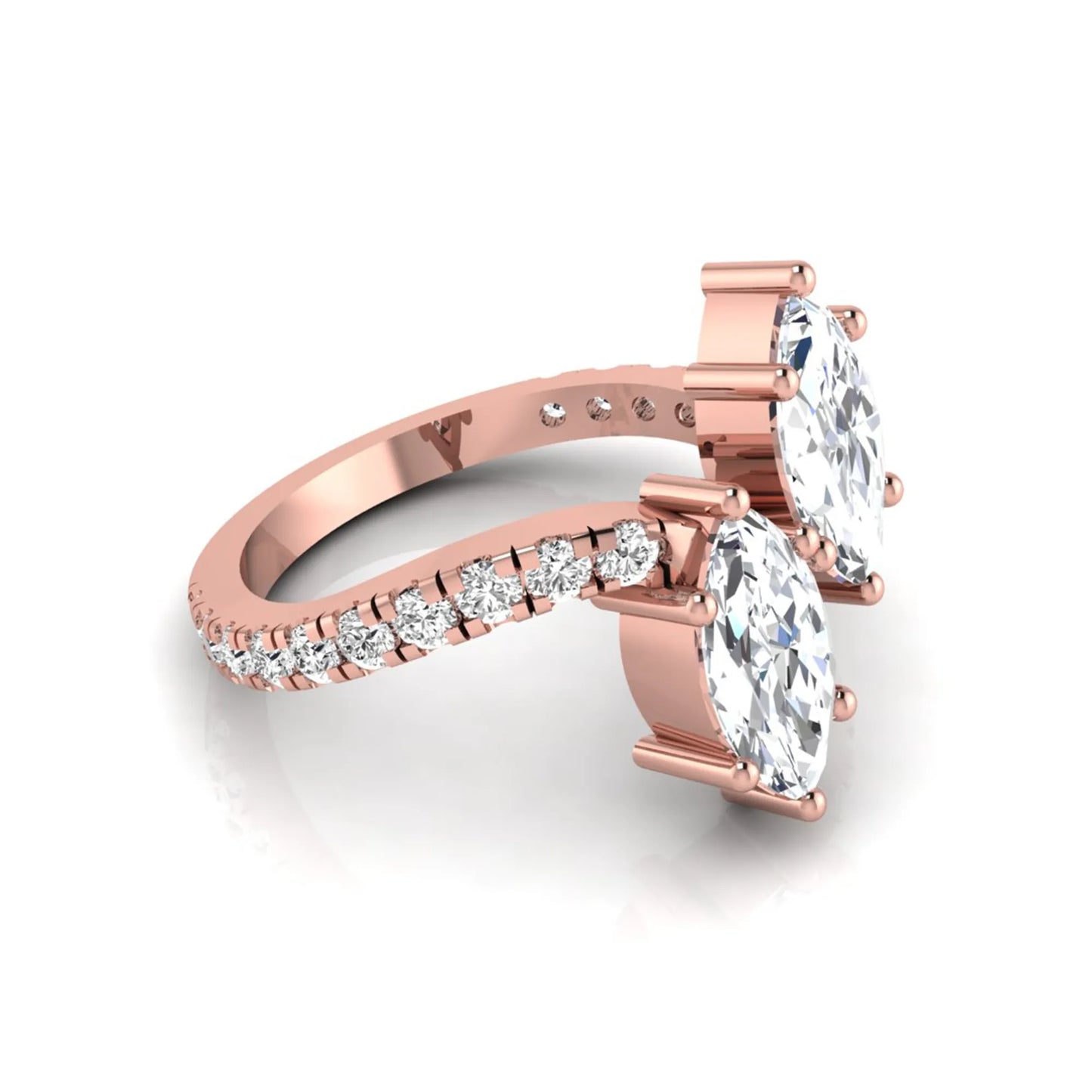 Marquise cut lab grown diamond Toi et Moi ring with pavé round diamond accents in a rose gold design
