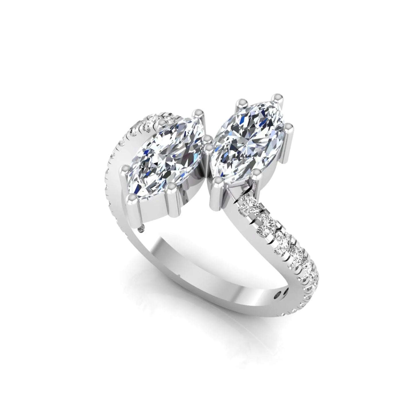 Marquise cut lab grown diamond Toi et Moi ring with pavé round diamond accents in a white gold design