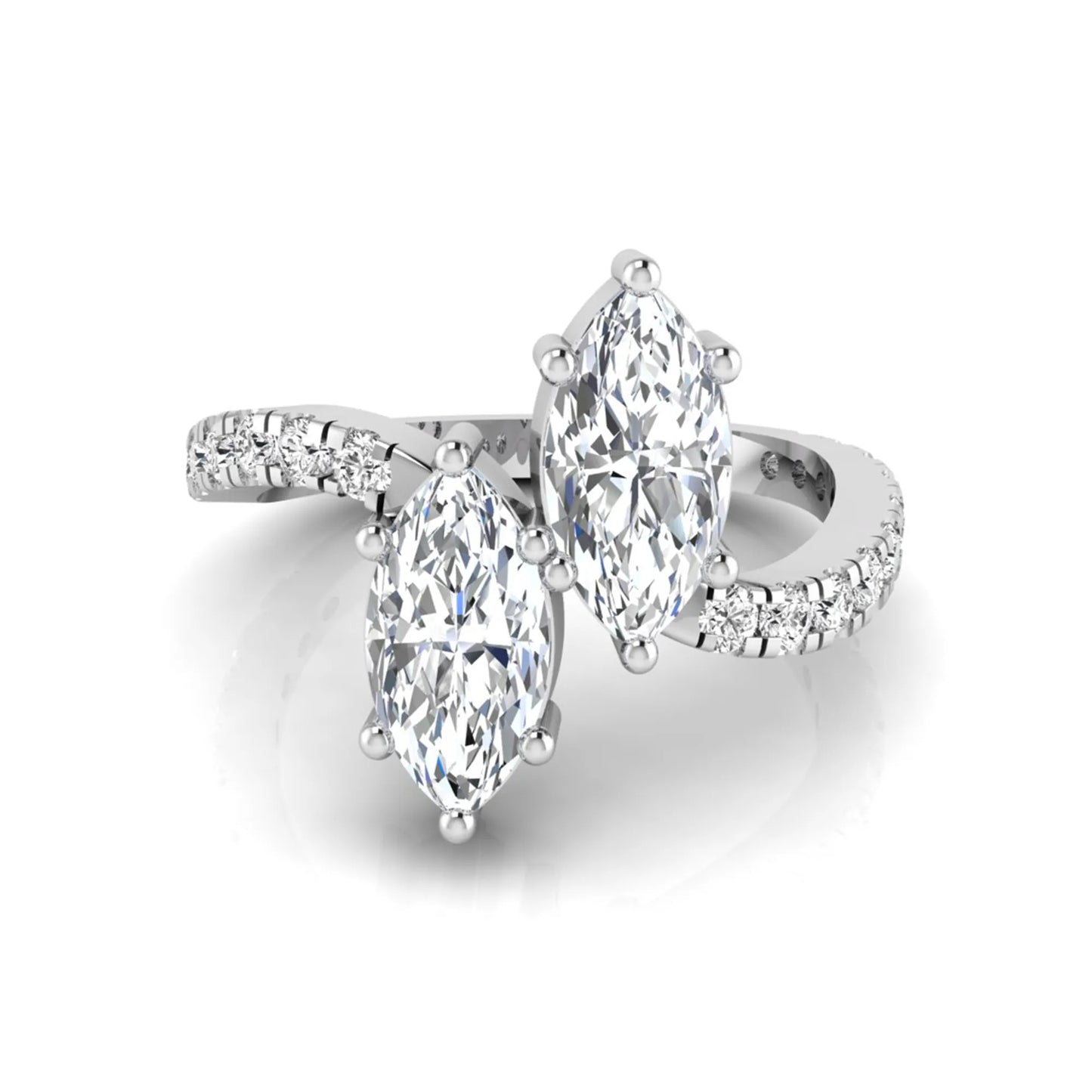 Marquise cut lab grown diamond Toi et Moi ring with pavé round diamond accents in a white gold design