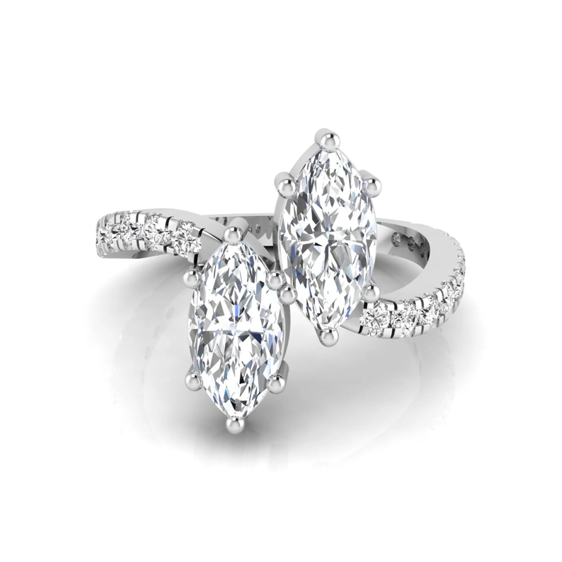 Marquise cut lab grown diamond Toi et Moi ring with pavé round diamond accents in a white gold design
