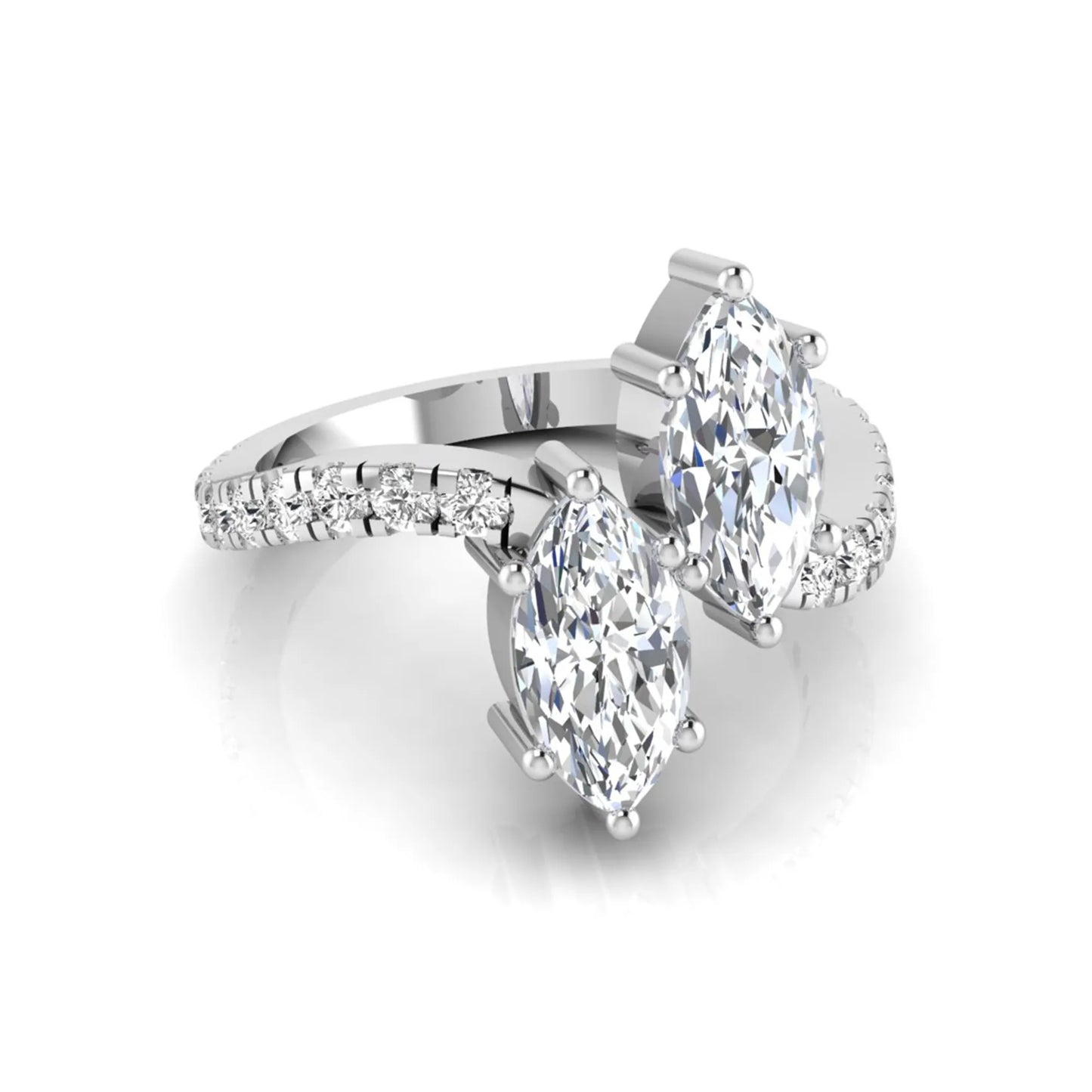 Marquise cut lab grown diamond Toi et Moi ring with pavé round diamond accents in a white gold design