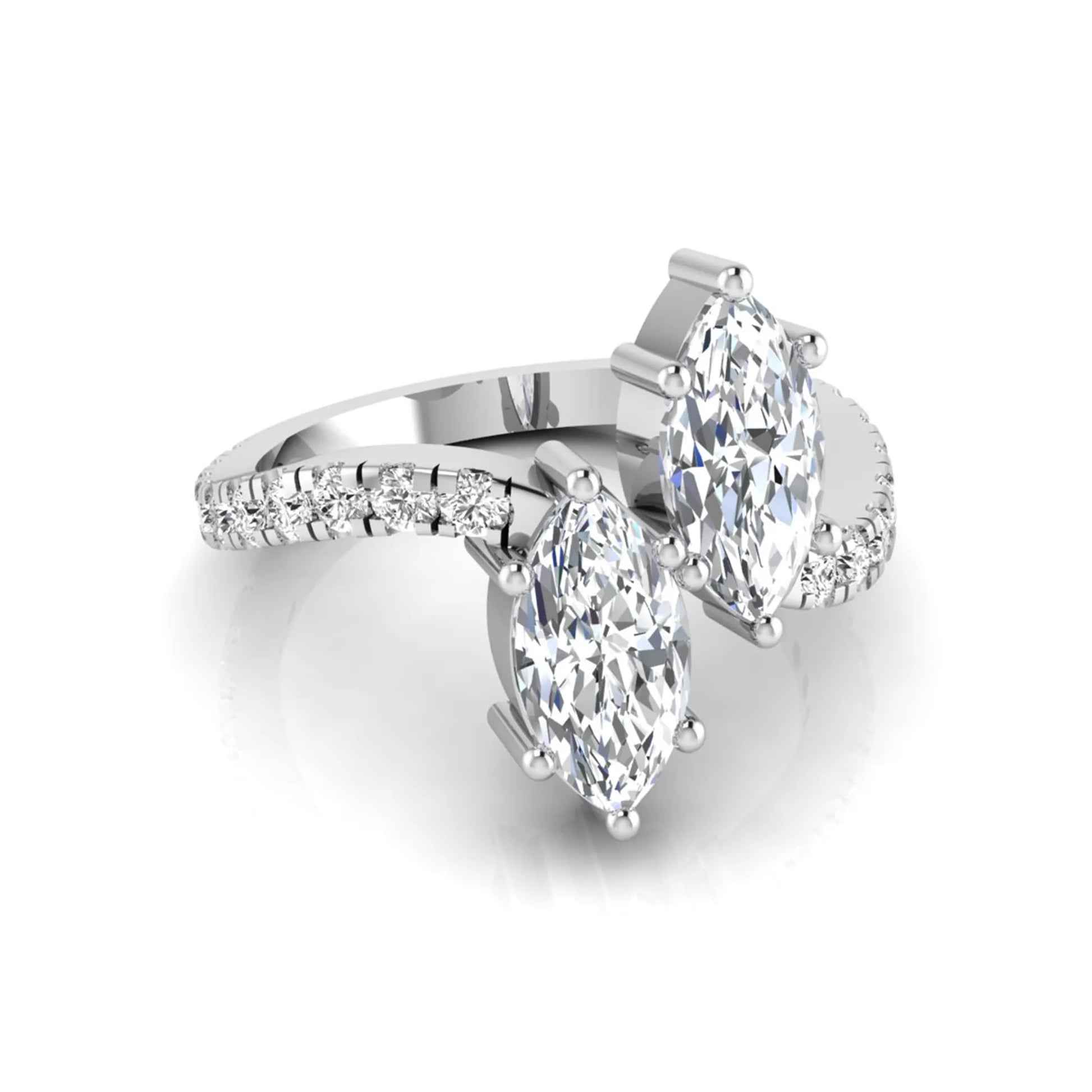 Marquise cut lab grown diamond Toi et Moi ring with pavé round diamond accents in a white gold design