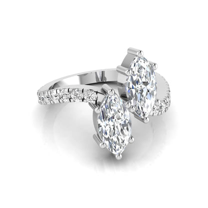 Marquise cut lab grown diamond Toi et Moi ring with pavé round diamond accents in a white gold design