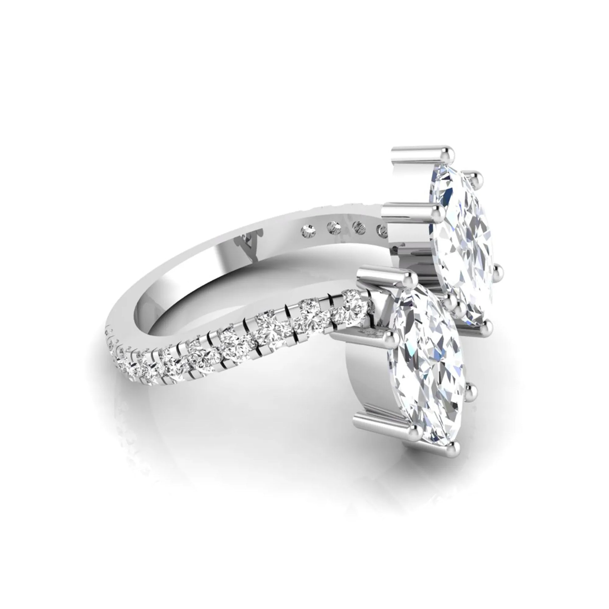 Marquise cut lab grown diamond Toi et Moi ring with pavé round diamond accents in a white gold design