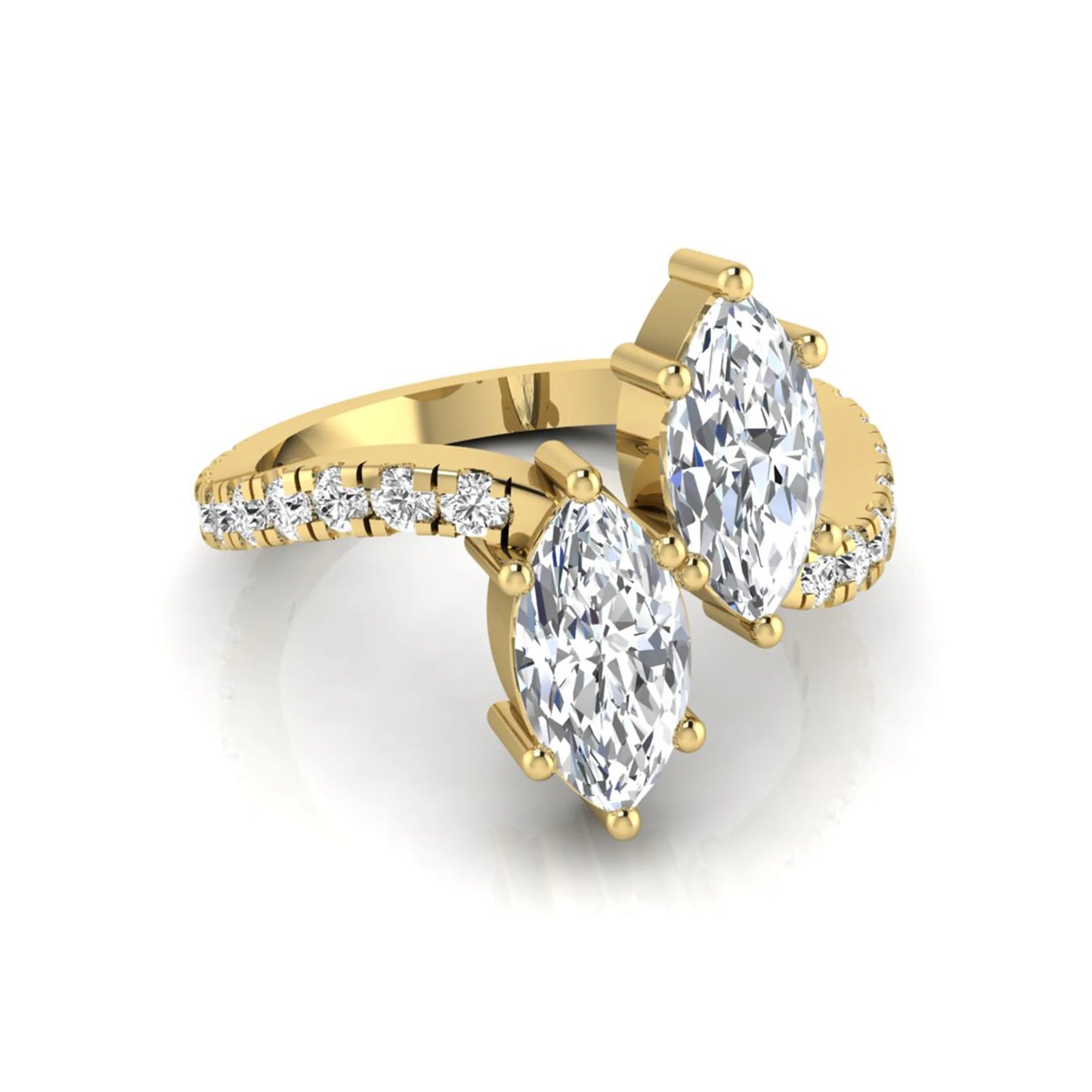 Marquise cut lab grown diamond Toi et Moi ring with pavé round diamond accents in a yellow gold design