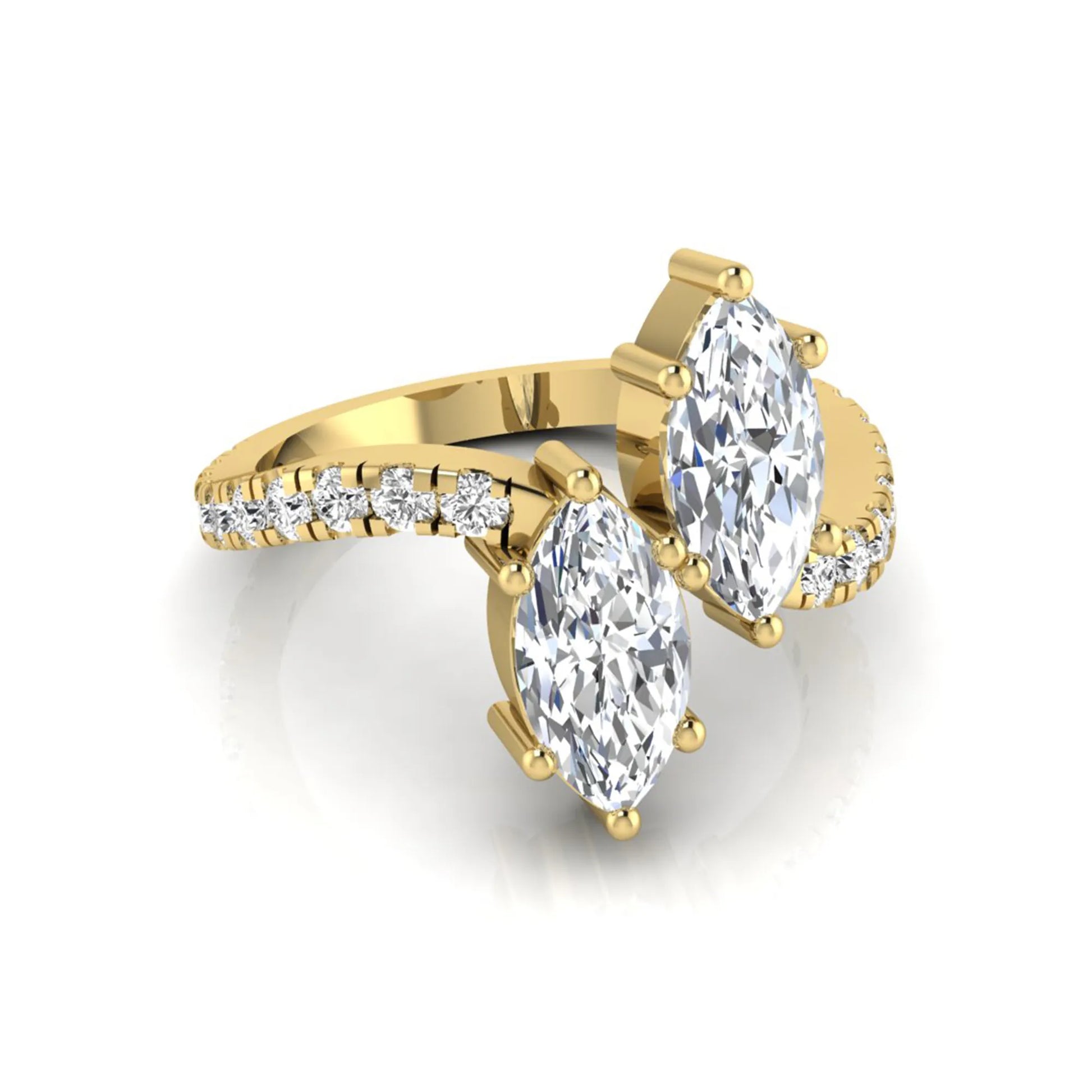 Marquise cut lab grown diamond Toi et Moi ring with pavé round diamond accents in a yellow gold design