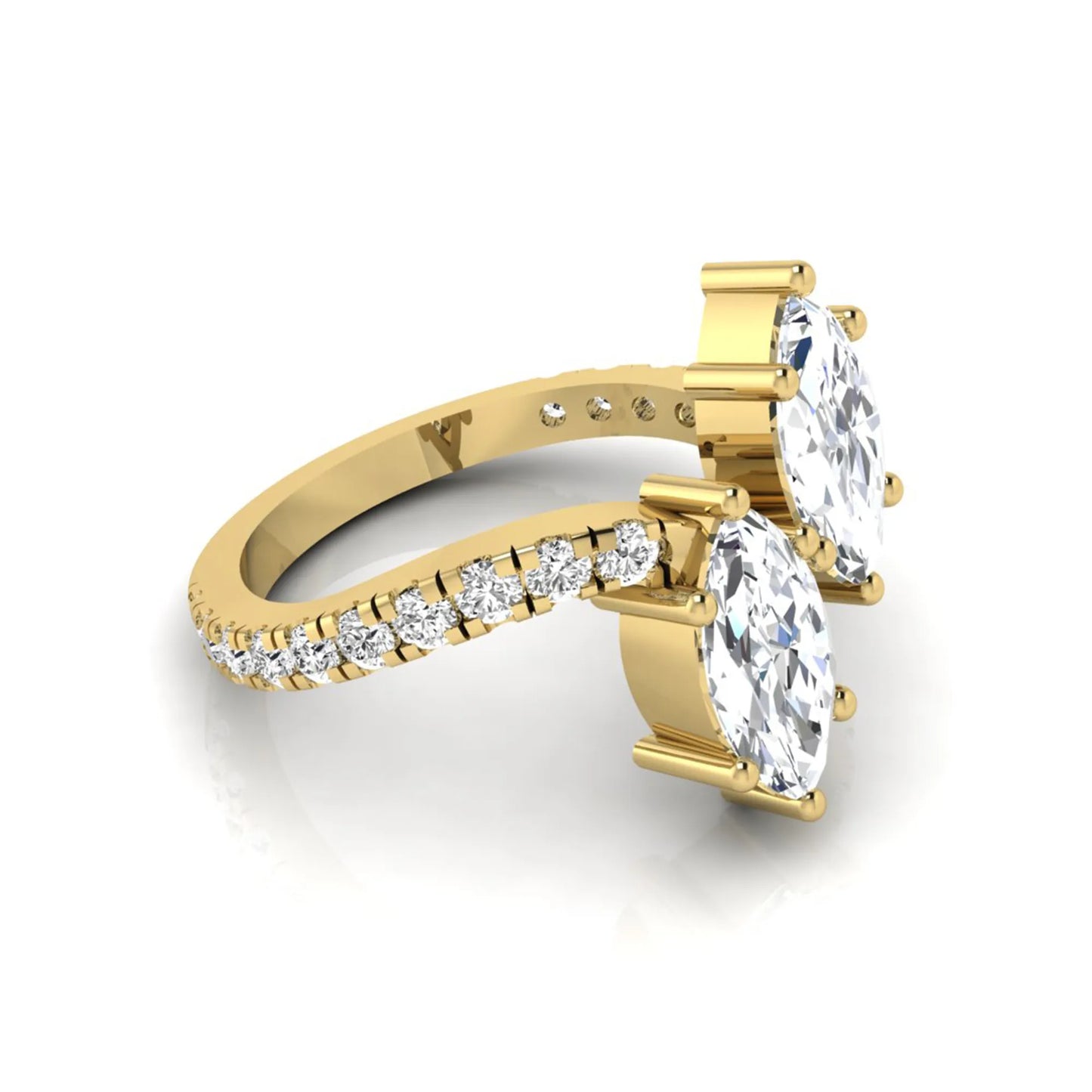Marquise cut lab grown diamond Toi et Moi ring with pavé round diamond accents in a yellow gold design