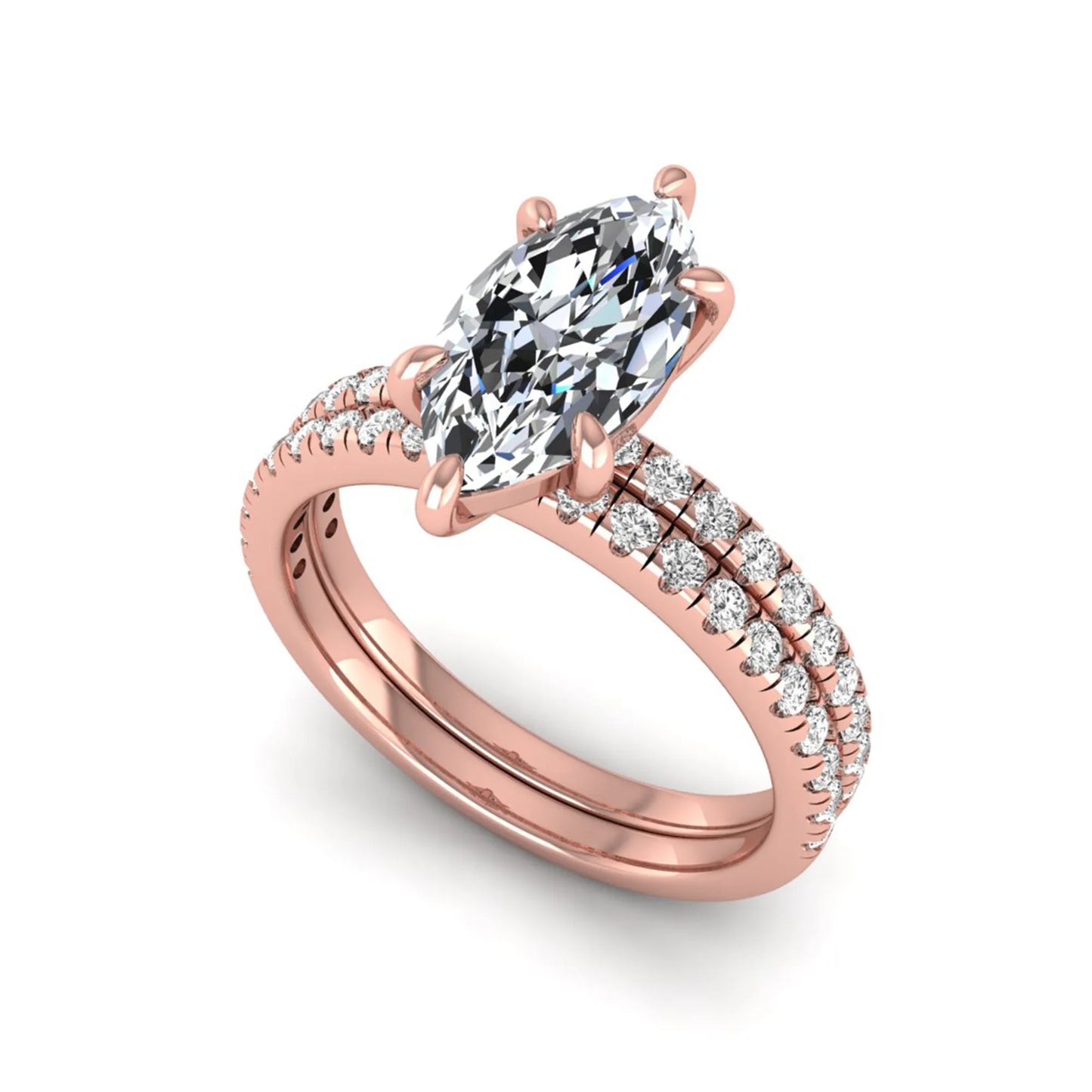 Marquise cut lab grown diamond bridal ring set featuring a pavé solitaire engagement ring with matching diamond wedding band in rose gold.