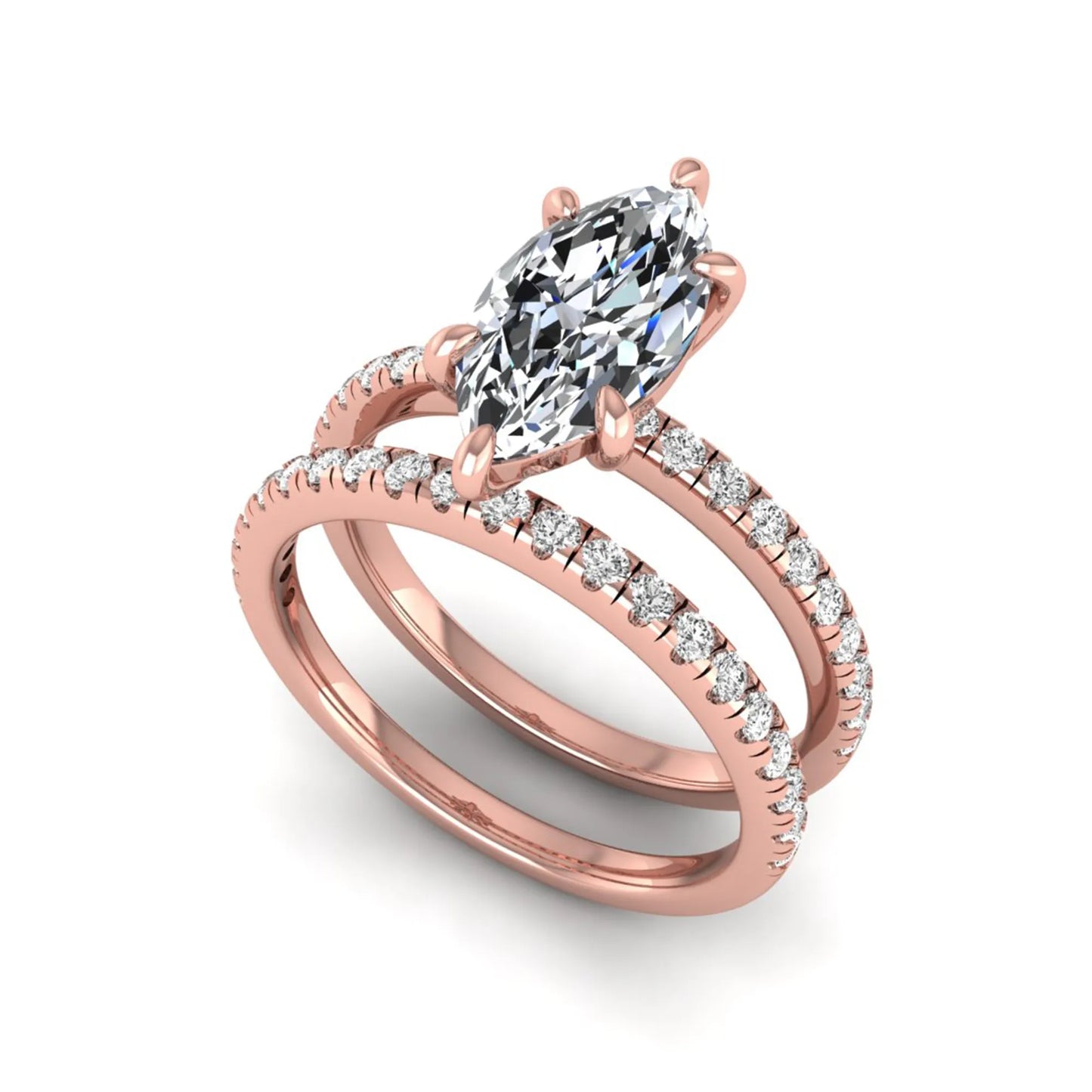 Marquise cut lab grown diamond bridal ring set featuring a pavé solitaire engagement ring with matching diamond wedding band in rose gold.