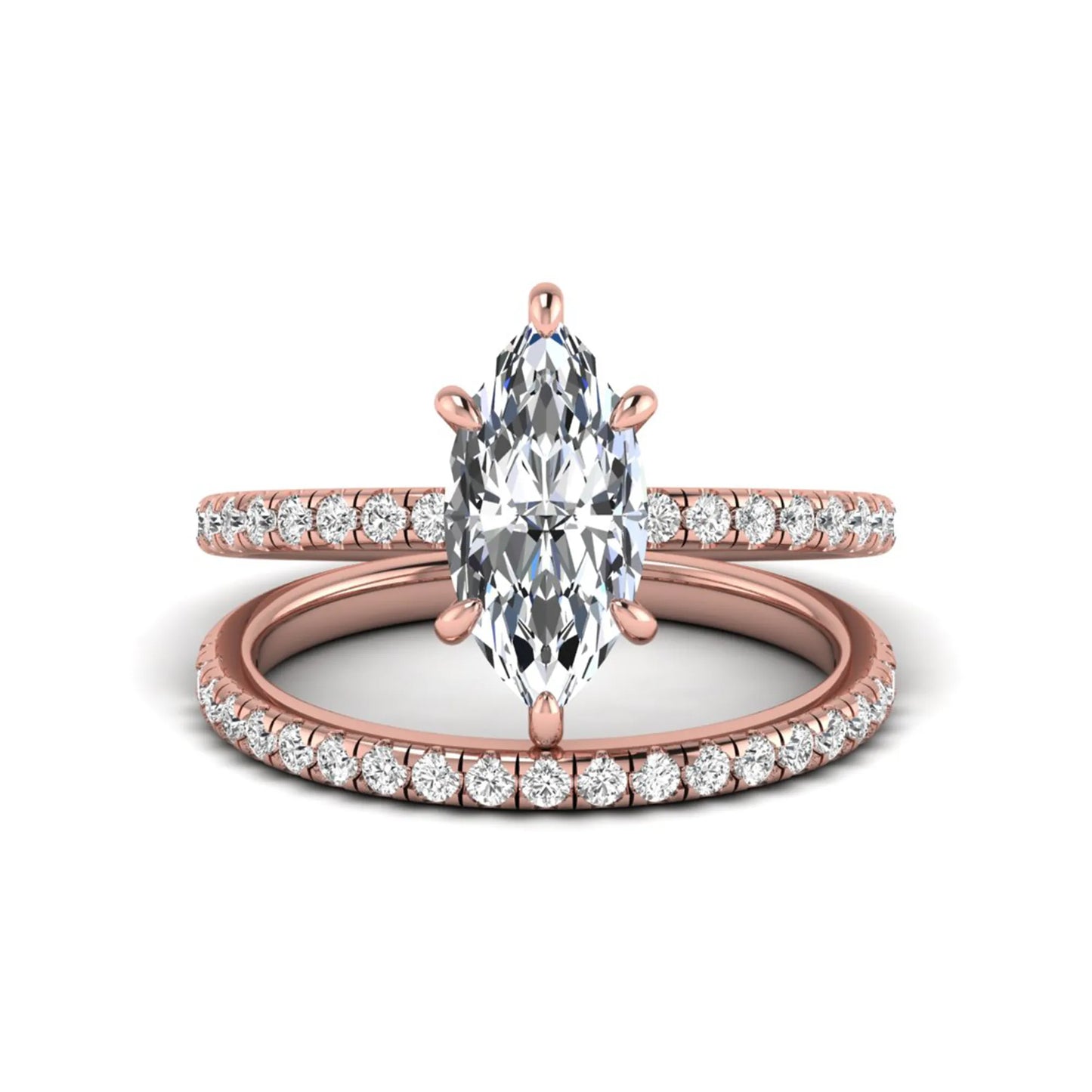 Marquise cut lab grown diamond bridal ring set featuring a pavé solitaire engagement ring with matching diamond wedding band in rose gold.