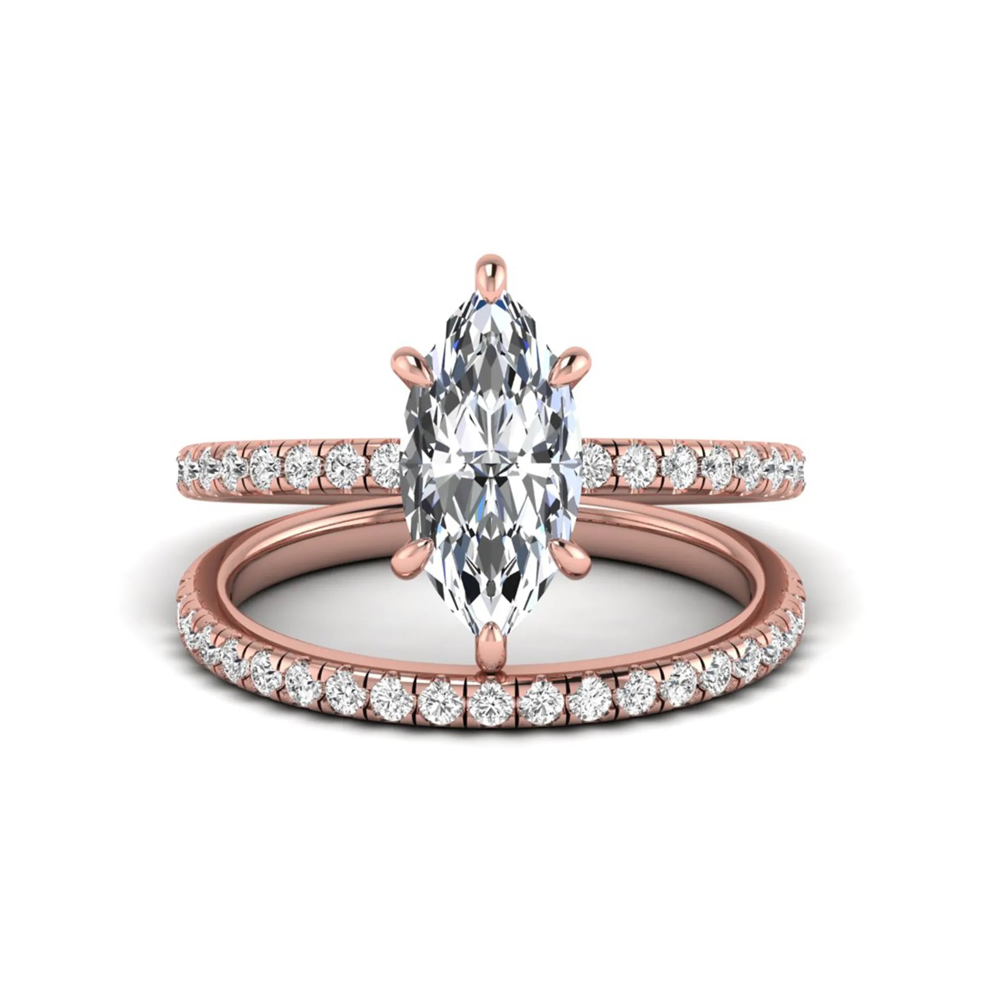 Marquise cut lab grown diamond bridal ring set featuring a pavé solitaire engagement ring with matching diamond wedding band in rose gold.