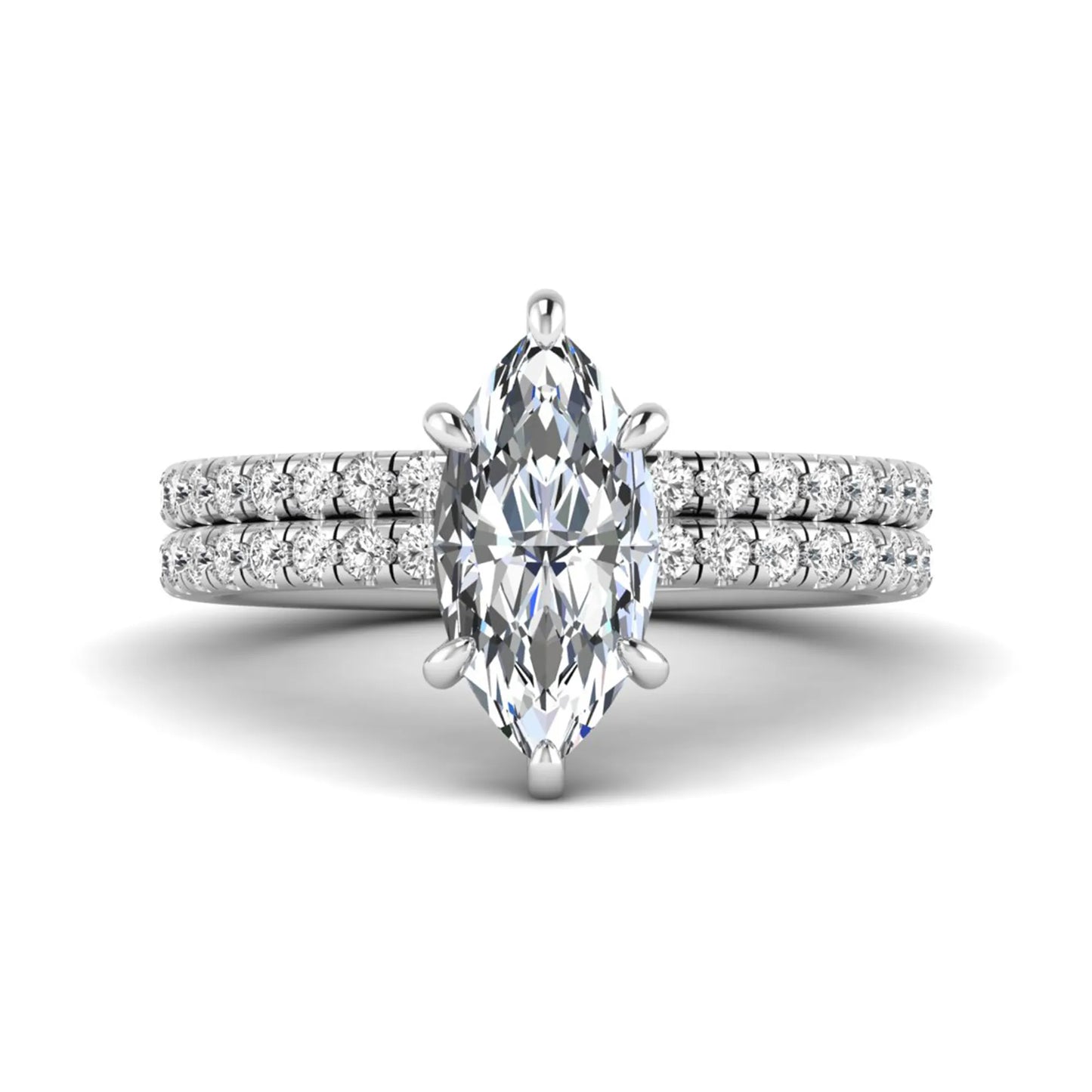 Marquise cut lab grown diamond bridal ring set featuring a pavé solitaire engagement ring with matching diamond wedding band in white gold.