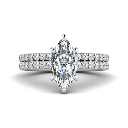 Marquise cut lab grown diamond bridal ring set featuring a pavé solitaire engagement ring with matching diamond wedding band in white gold.