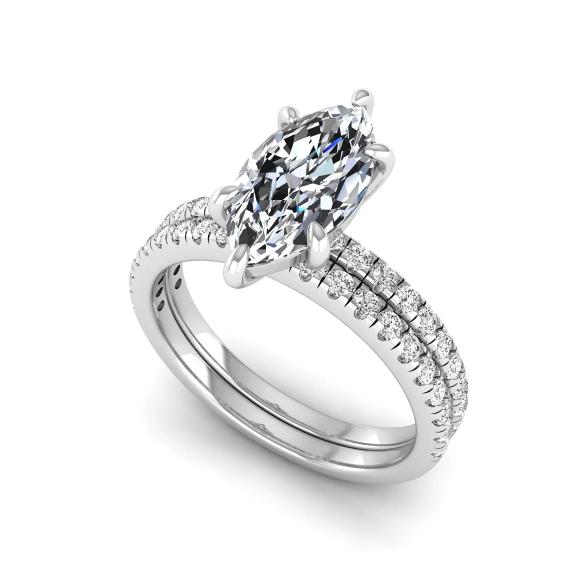 Marquise cut lab grown diamond bridal ring set featuring a pavé solitaire engagement ring with matching diamond wedding band in white gold.