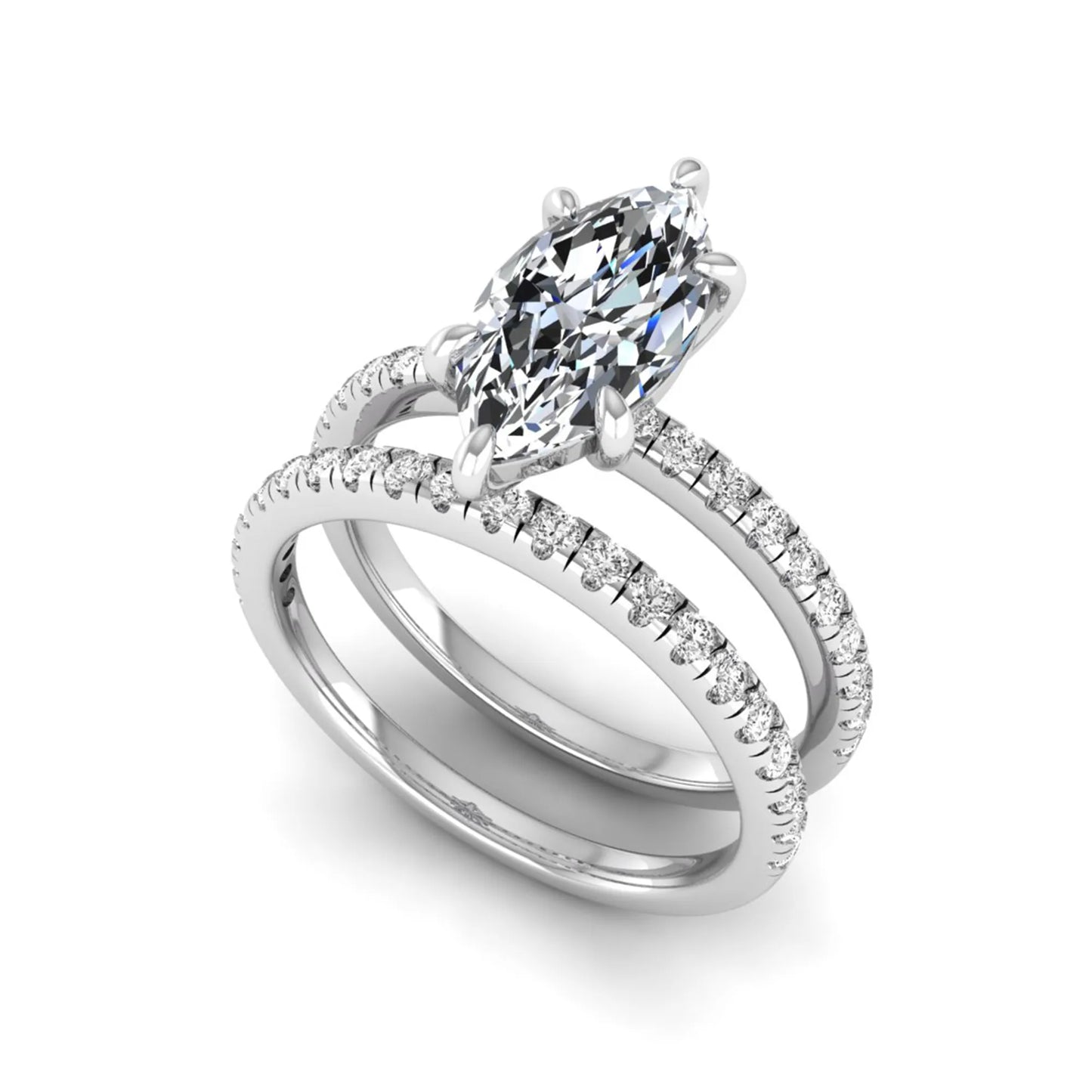 Marquise cut lab grown diamond bridal ring set featuring a pavé solitaire engagement ring with matching diamond wedding band in white gold.