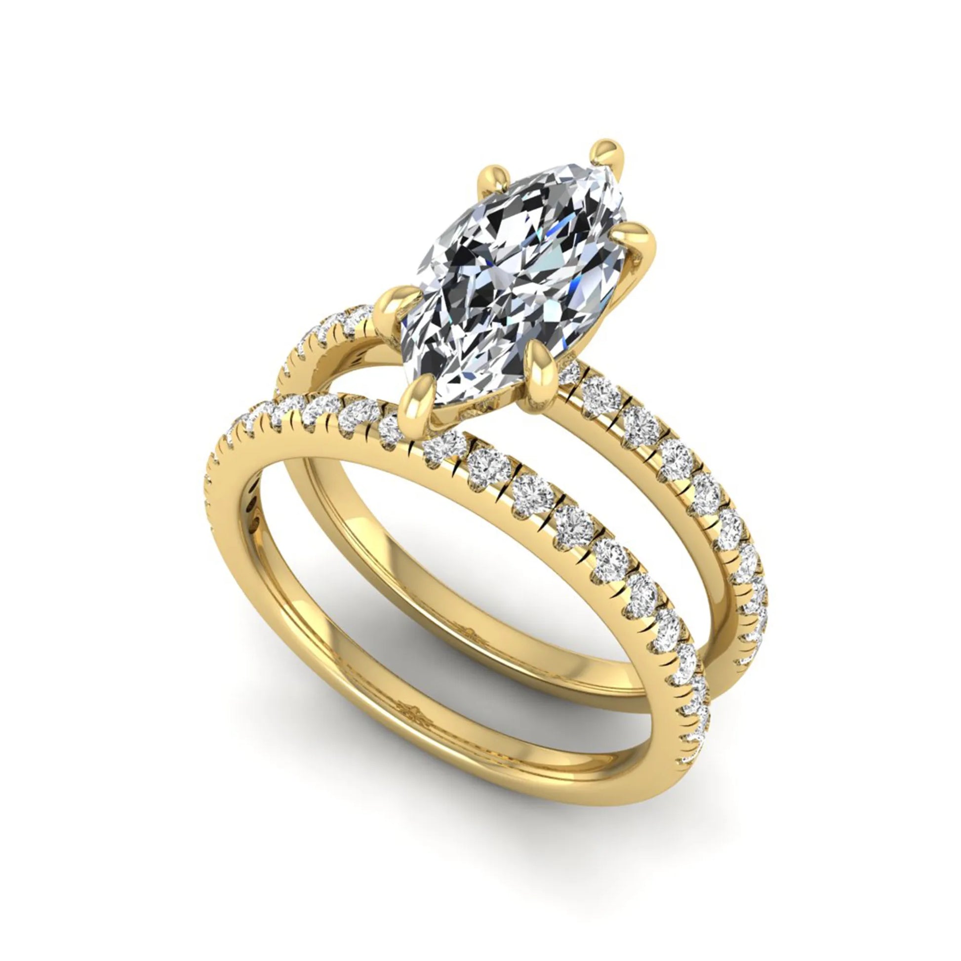 Marquise cut lab grown diamond bridal ring set featuring a pavé solitaire engagement ring with matching diamond wedding band in yellow gold.