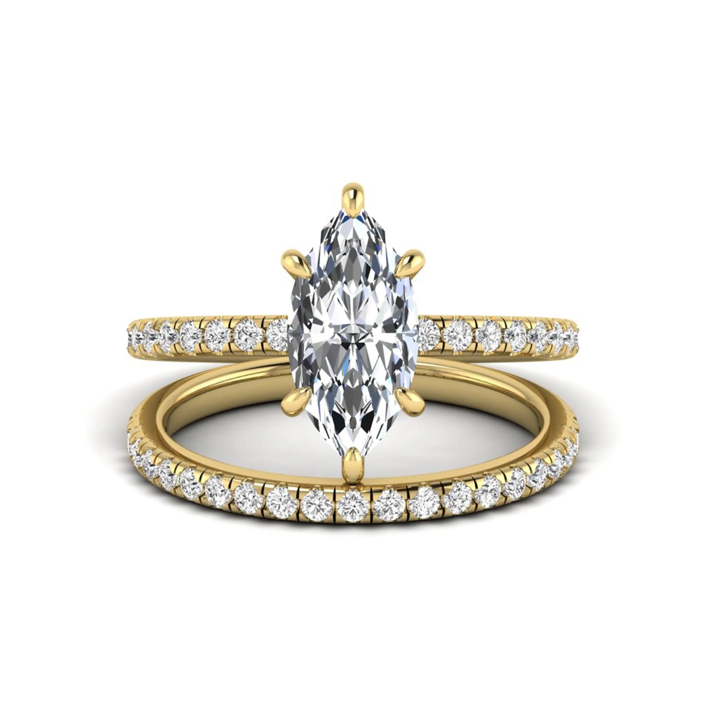 Marquise cut lab grown diamond bridal ring set featuring a pavé solitaire engagement ring with matching diamond wedding band in yellow gold.