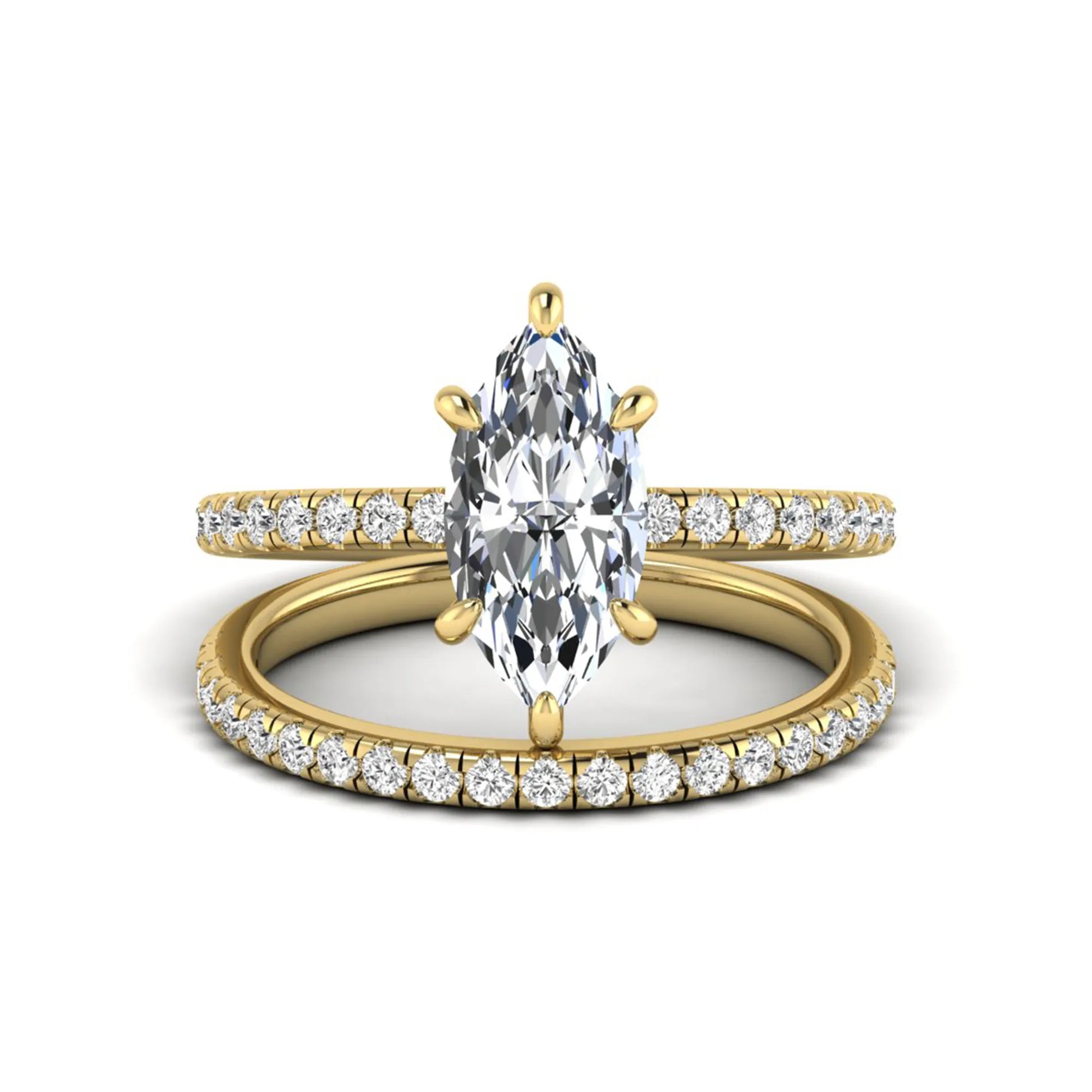 Marquise cut lab grown diamond bridal ring set featuring a pavé solitaire engagement ring with matching diamond wedding band in yellow gold.