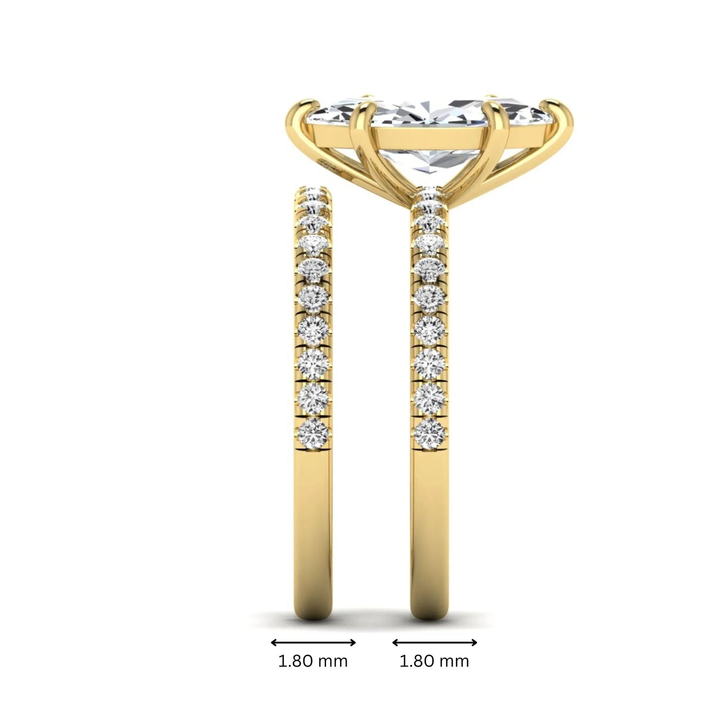 Marquise cut lab grown diamond bridal ring set featuring a pavé solitaire engagement ring with matching diamond wedding band in yellow gold.