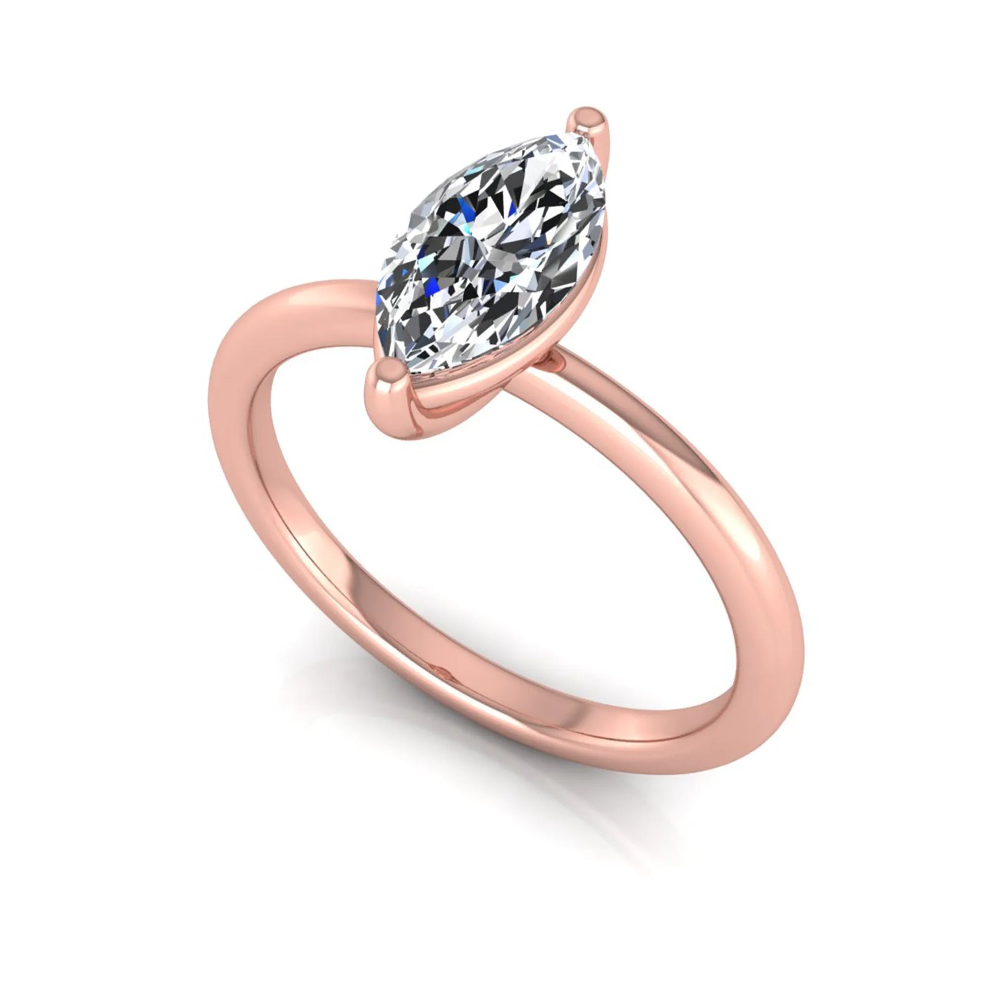 Marquise cut solitaire lab grown diamond engagement ring featuring a 0.95 carat marquise cut center diamond in rose gold.