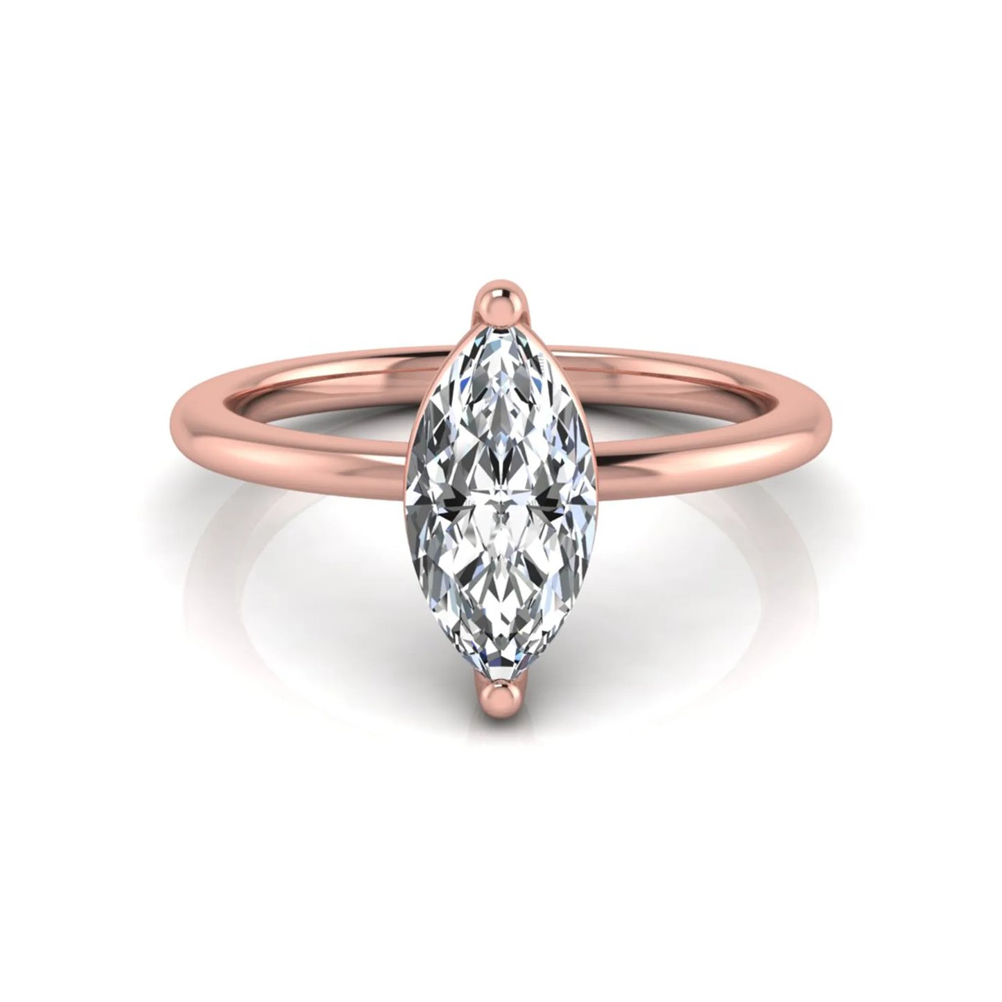 Marquise cut solitaire lab grown diamond engagement ring featuring a 0.95 carat marquise cut center diamond in rose gold.