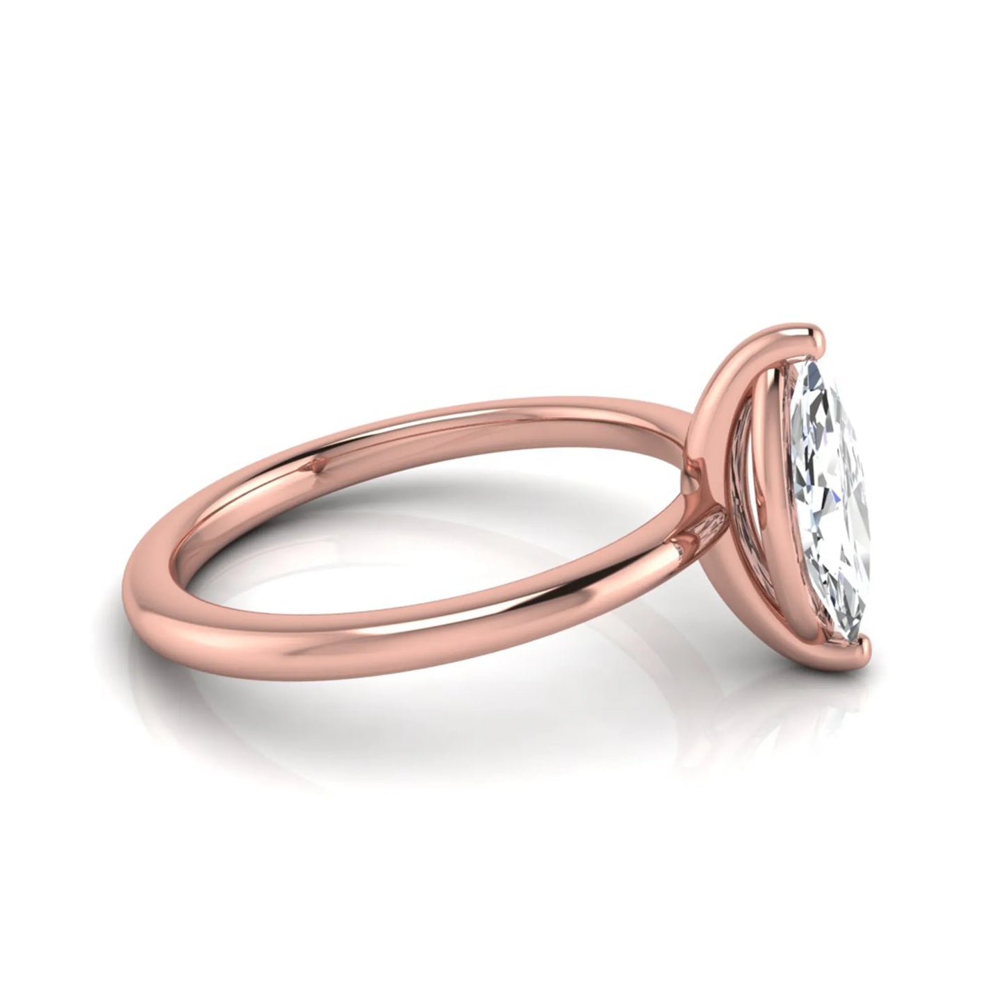 Marquise cut solitaire lab grown diamond engagement ring featuring a 0.95 carat marquise cut center diamond in rose gold.